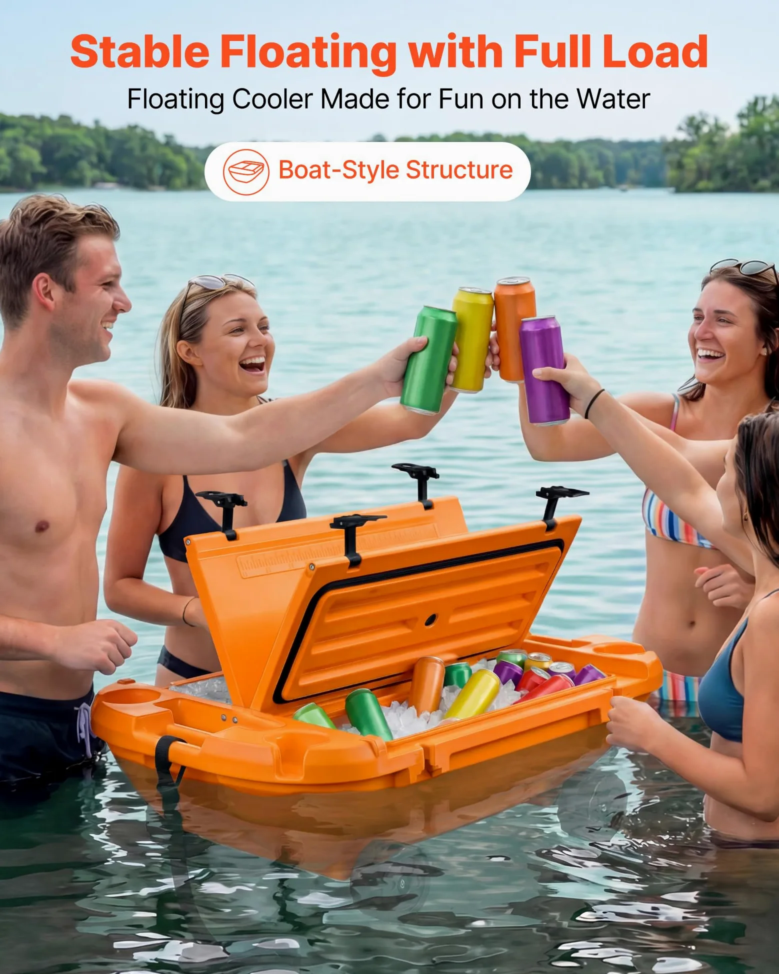 VEVOR Nevera Flotante 37,9 L Enfriador Flotante para Agua y Tierra con Ruedas, Portavasos, Carcasa Rígida Aislada, Cuerda de Remolque, Asas Laterales para Piscina Playa Bebida Barco, Color Naranja