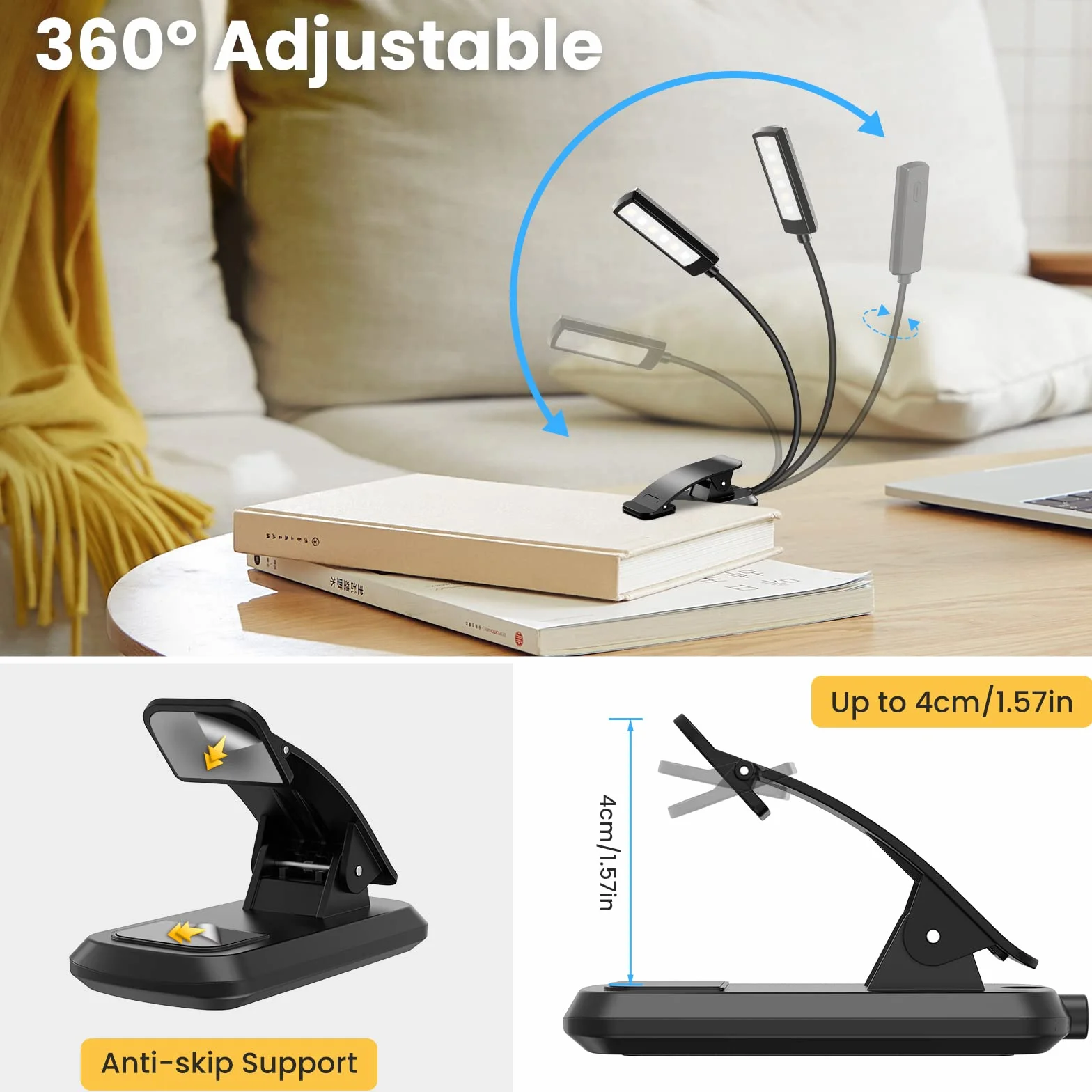 TEAMPD Luz de Lectura USB Recargable, 10 LEDs 3 Colores Atenuación Continua, 360° Flexible con Clip