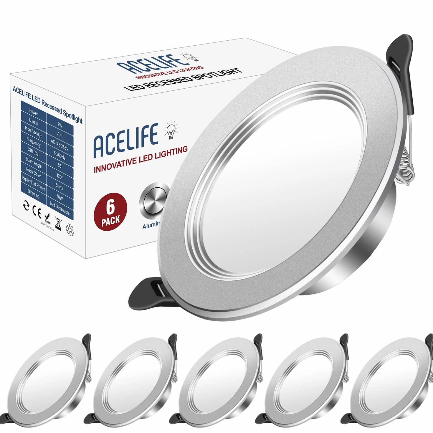 ACELIFE Downlight LED Empotrable Redondo, 7W 700lm 6000K Blanco Frío, Aluminio, Juego de 6