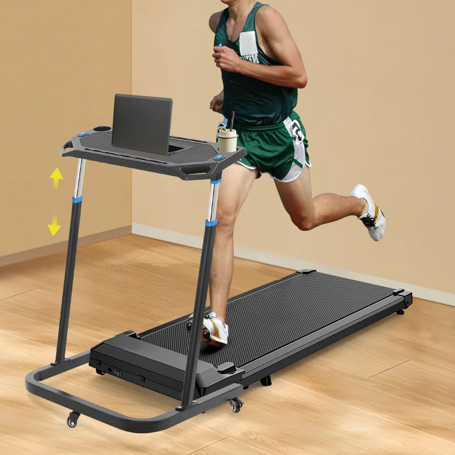 Mesa de entrenamiento para bicicleta, altura ajustable, con ruedas bloqueables, superficie de trabajo antideslizante, soporte para tableta/smartphone y 2 soportes para bebidas, para bicicleta estática