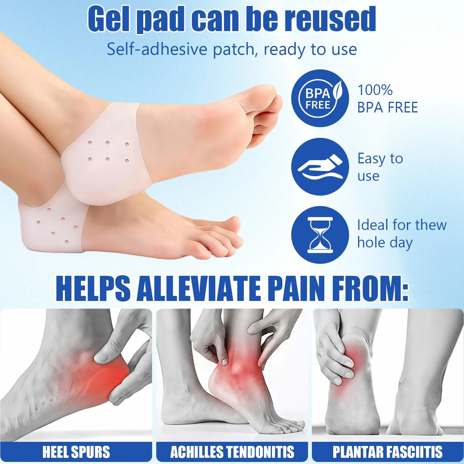 Protector De Silicona Para Talón Transpirables 3 Pares + 10 Piezas Tiritas Taloneras, Calcetin Taloneras De Talón Hidratantes, Blanco