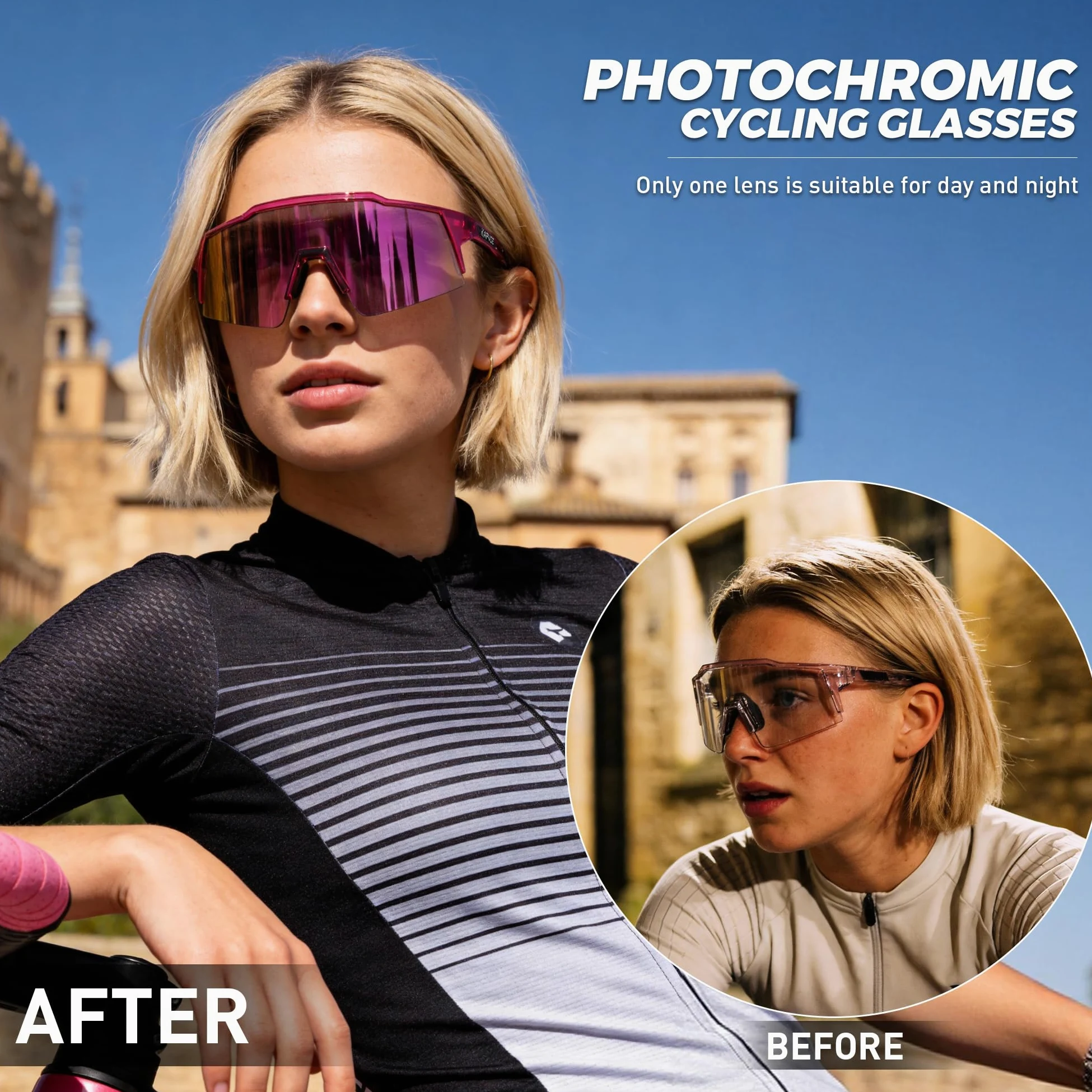 KAPVOE Gafas de ciclismo fotocromáticas UV400 hombre mujer TR90 K9023 | Full Frame Photochromic Technology, Protección UV400, Estructura TR90 y soporte interior integrado