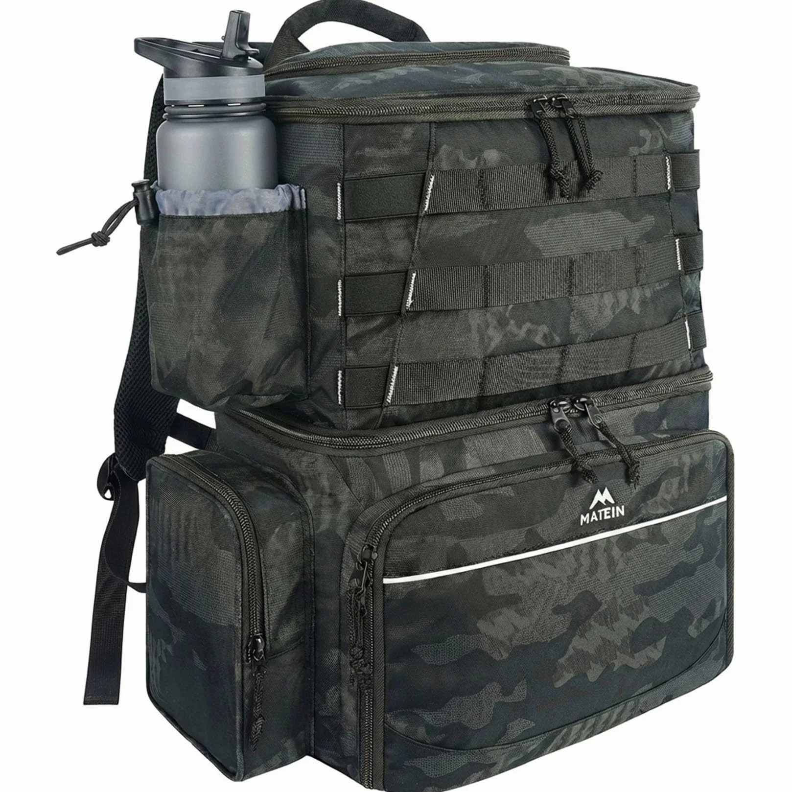 MATEIN Mochila de Pesca Impermeable con Compartimento Térmico, Doble Compartimento, Portacañas, Camuflaje
