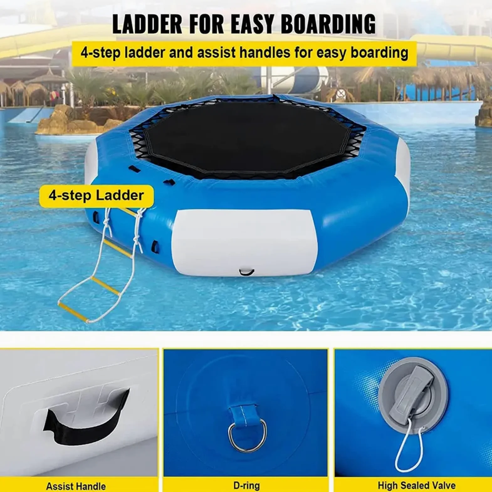 Trampolín inflable de agua con inflador eléctrico, rebotador de salpicaduras de buceo, escalera de cuerda, cuerdas de amarre y ancla para piscinas y lagos