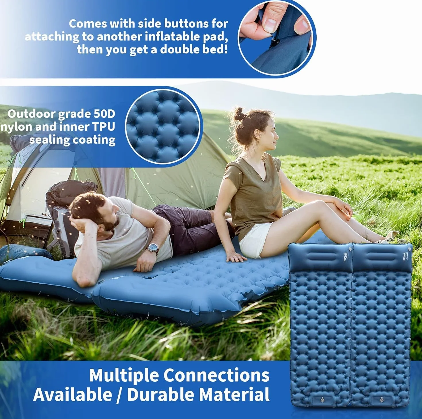 HiiPeak Esterilla portátil Inflable con Almohada y Bomba de pie, Colchoneta Camping de Dormir para Senderismo Ultraligero en Azul para Camping, Viajes y Senderismo