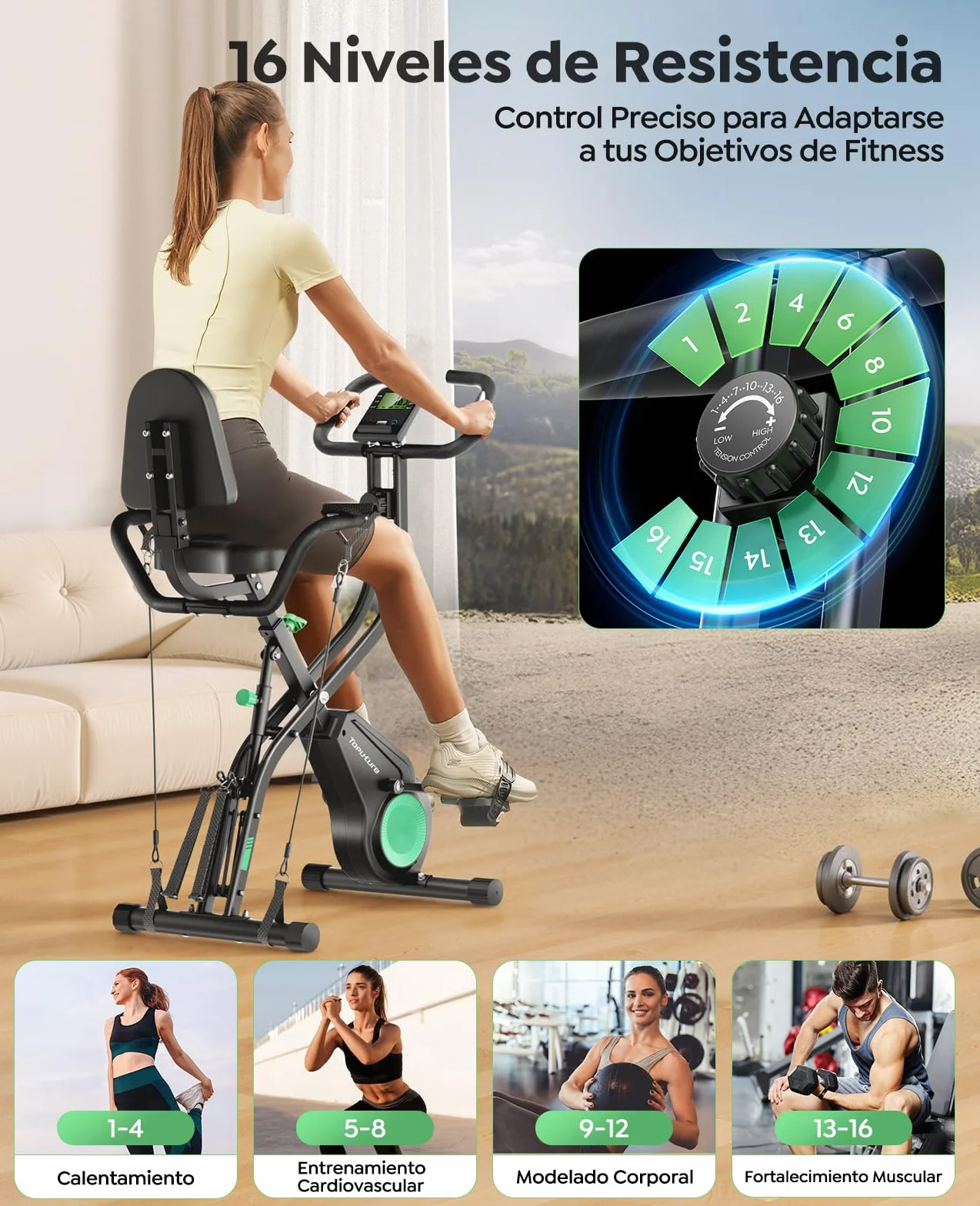 2026 Toputure Bicicleta Estática Plegable 5 en 1 con APP, Bici Estática con Respaldo, Pulsómetro, LCD y 16 Niveles de Resistencia para Casa, Base Ancha y Estable, Bandas de Resistencia, Máx140KG