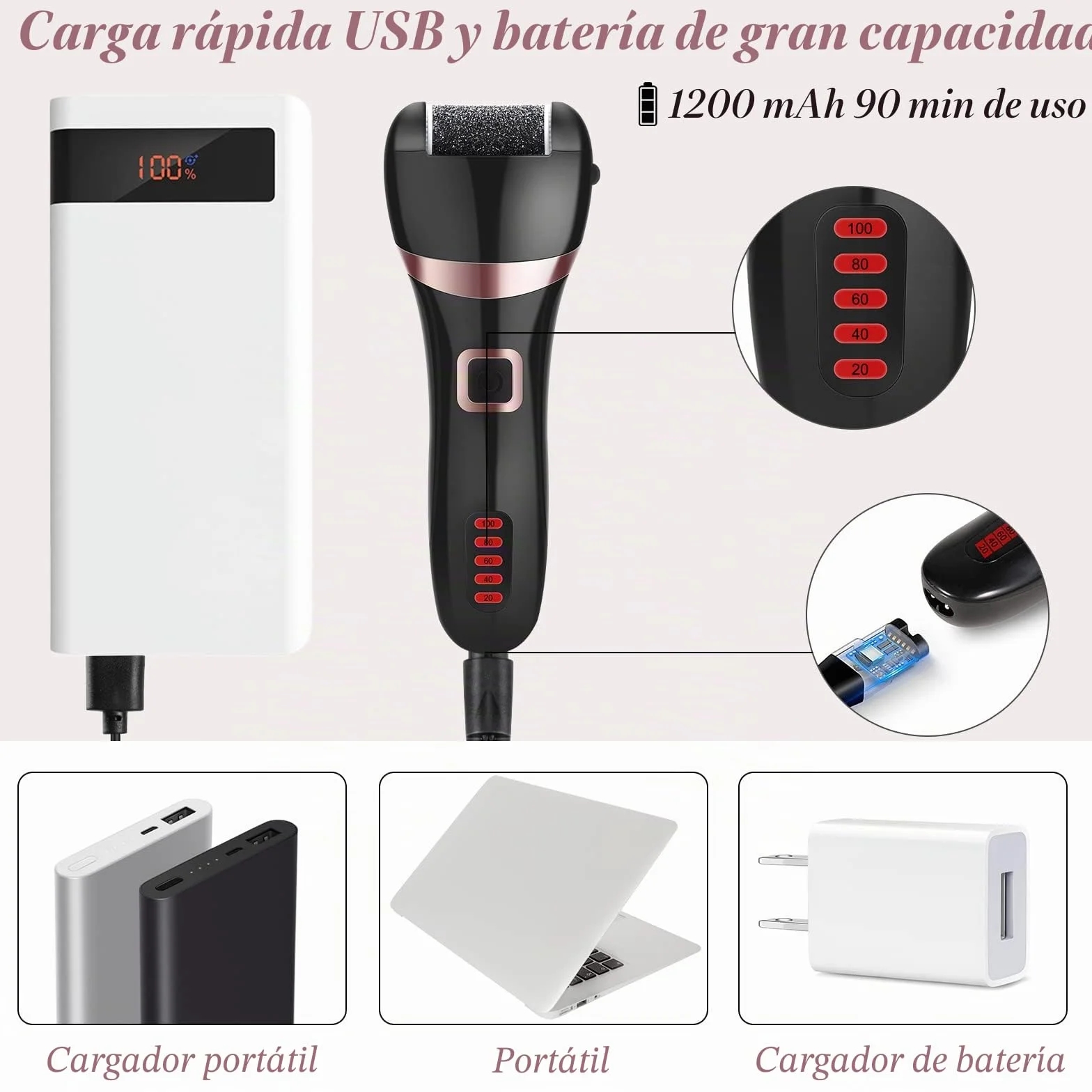 Lima Electrica Pedicura Profesional Recargable IPX7 Impermeable Metal 3 Recambios 5 Niveles 1200MAH 2 Velocidades