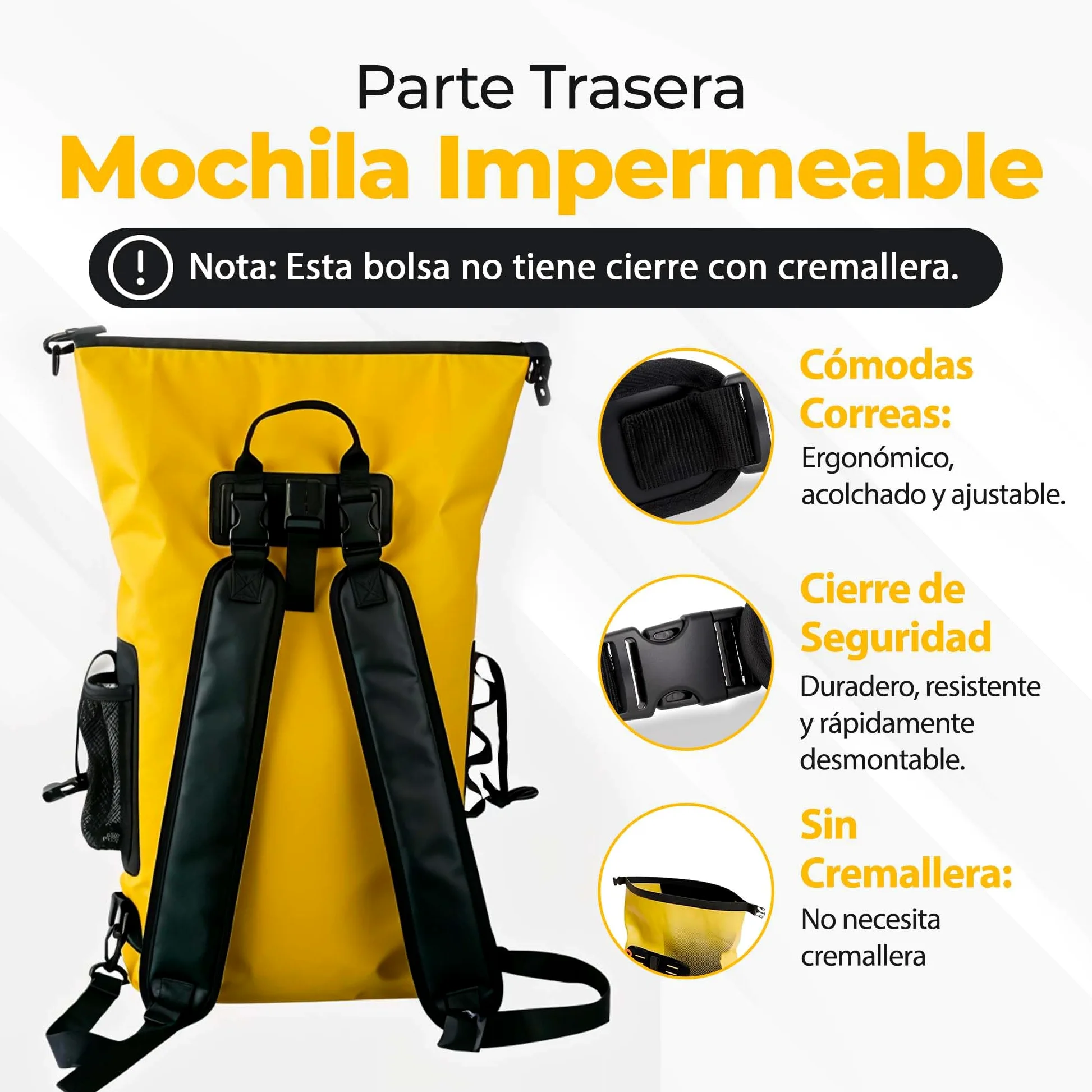 Mochila Estanca 25L Negro Bolsa Seca Impermeable Kayak Playa | Bolsillo exterior para botella, tirantes acolchados, dry bag ligero, pesca, paddle surf, camping y senderismo