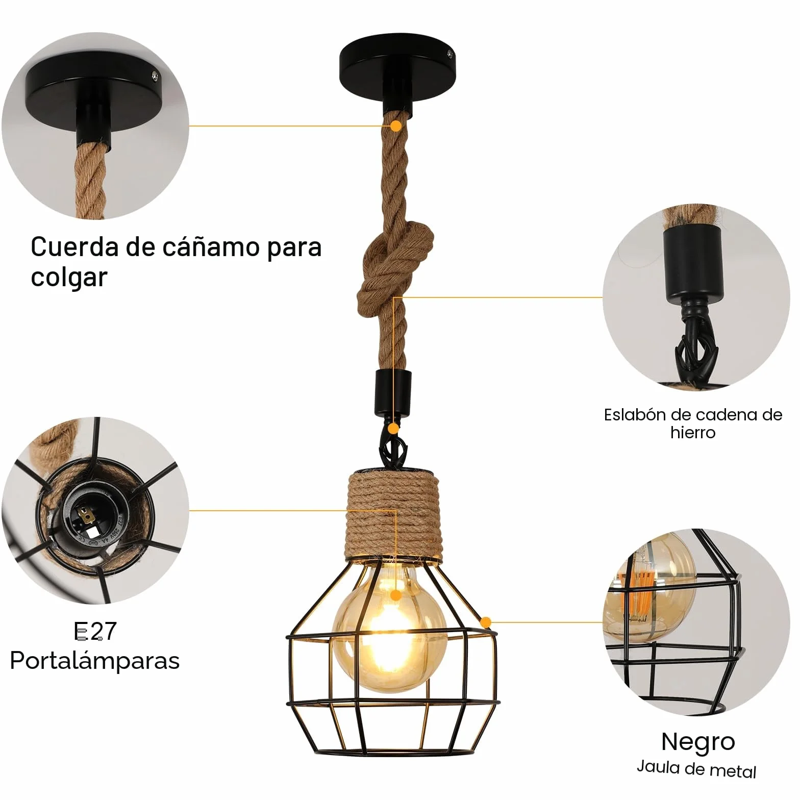 Vintage Lámpara Colgante Madera Cuerda de Cáñamo, Altura Ajustable, E27, Industrial Retro