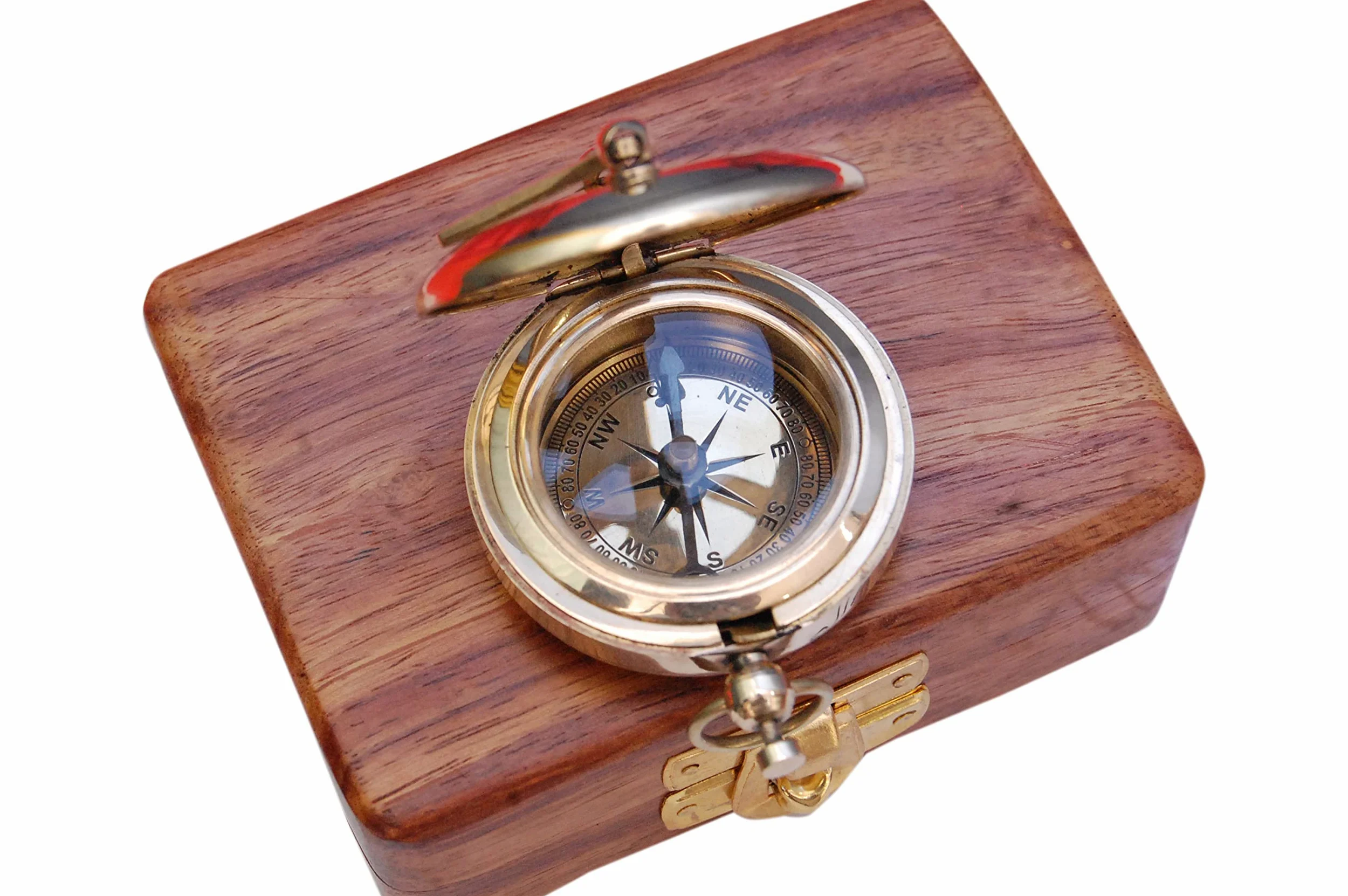 Brújula náutica de latón con caja de madera, reloj solar de latón antiguo y cobre para camping, senderismo, turismo, regalo grabado para él, reloj náutico, regalo de brújula
