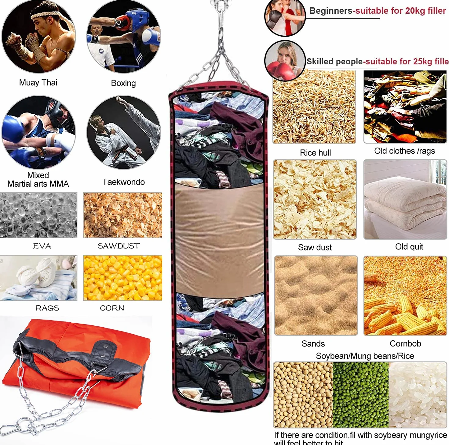 Saco de Boxeo Resistente sin Relleno, Bolsa de Punching Colgante con Vendas, Gancho y Cadena para Adultos y Niños