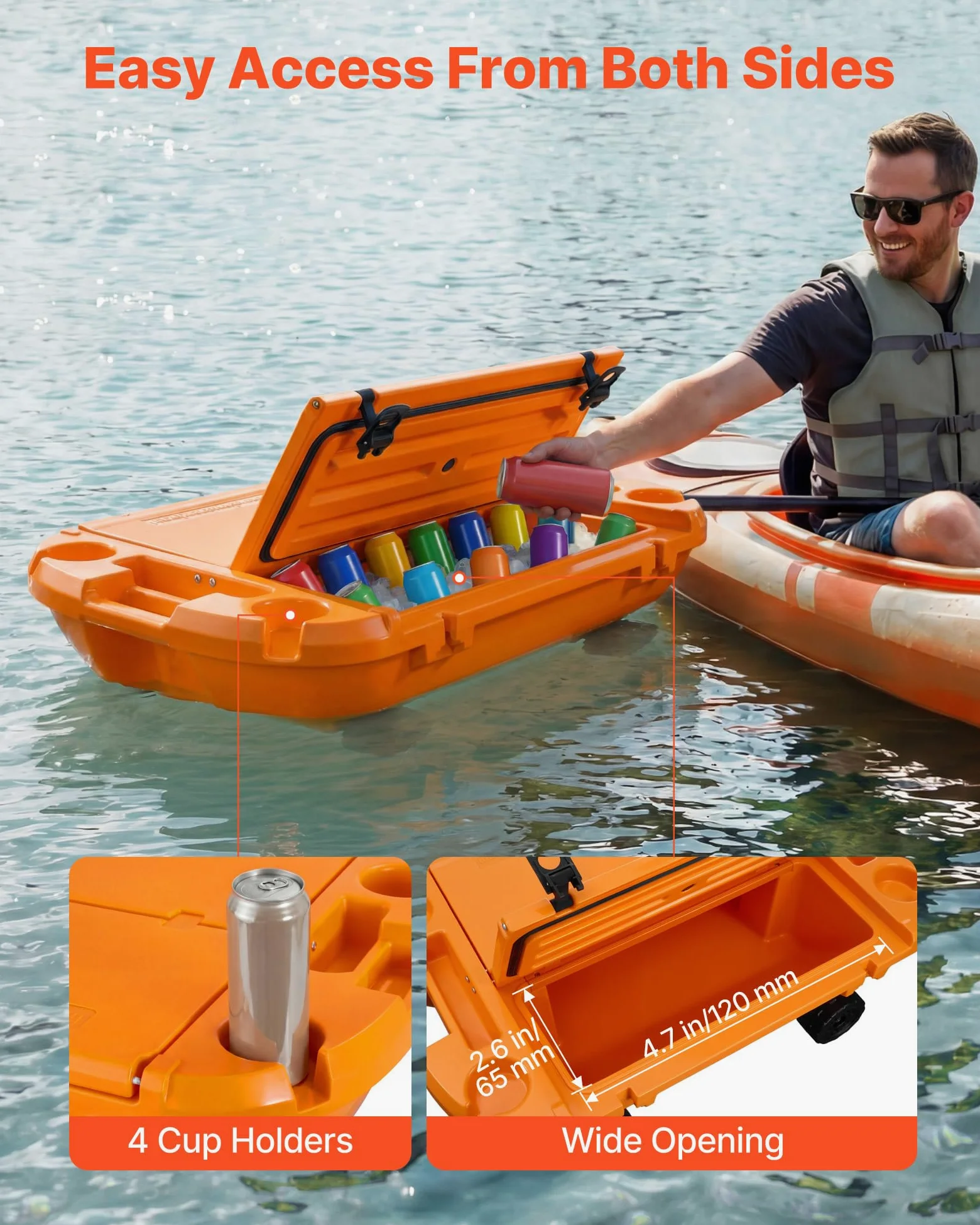 VEVOR Nevera Flotante 37,9 L Enfriador Flotante para Agua y Tierra con Ruedas, Portavasos, Carcasa Rígida Aislada, Cuerda de Remolque, Asas Laterales para Piscina Playa Bebida Barco, Color Naranja
