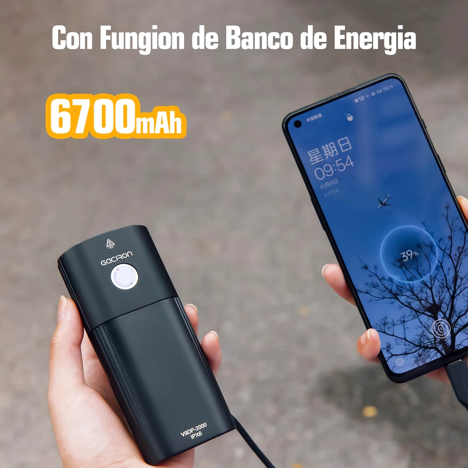 Gaciron V9DP luz Bicicleta Delantera,con función de Control Remoto con Cable,6 Modo de Brillo,luz Delantera Bicicleta Potente led con 6700mAh función de energía móvil,Luz Bicicleta de Aluminio