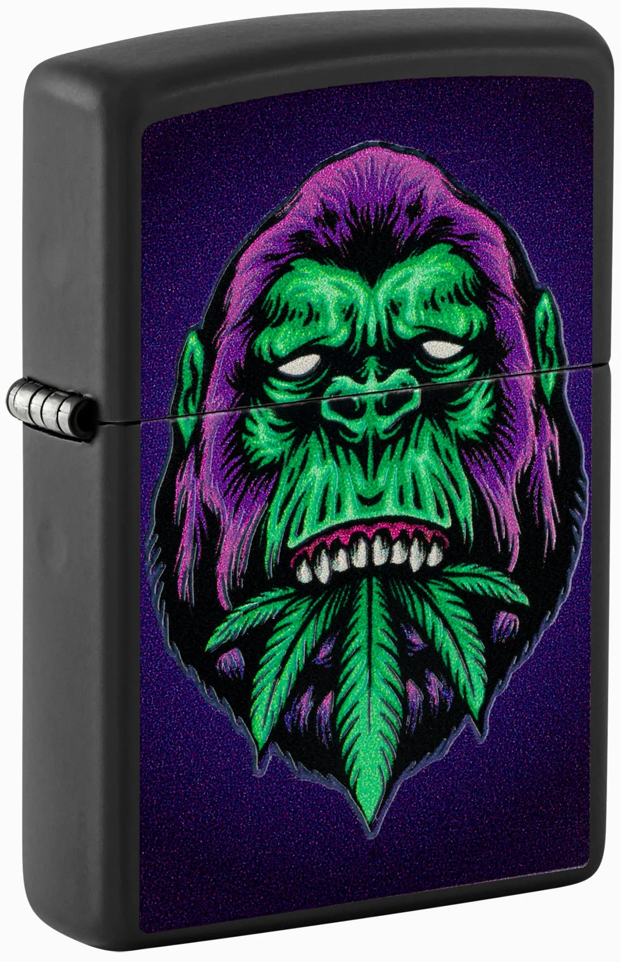 Zippo Encendedor a Prueba de Viento Recargable - Cannabis Gorilla Acabado Negro Mate Efecto Luz Negra
