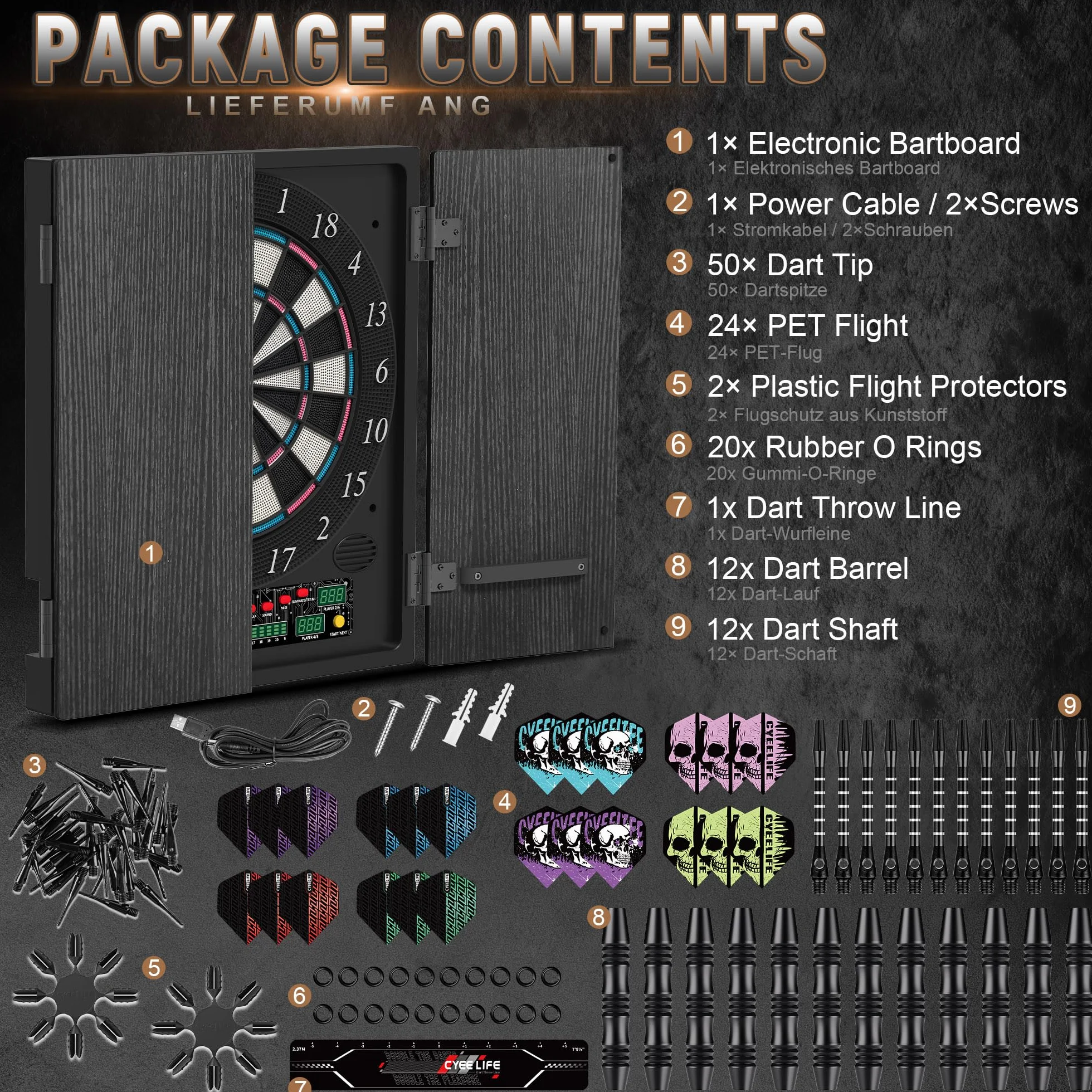 CyeeLife Diana electrónica con gabinete de Madera, Juego de Dardos electrónico, Tablero de Dardos con 34 Juegos y 355 Variantes, Modo para 8 Jugadores, Pantalla LED, Voz Alemana