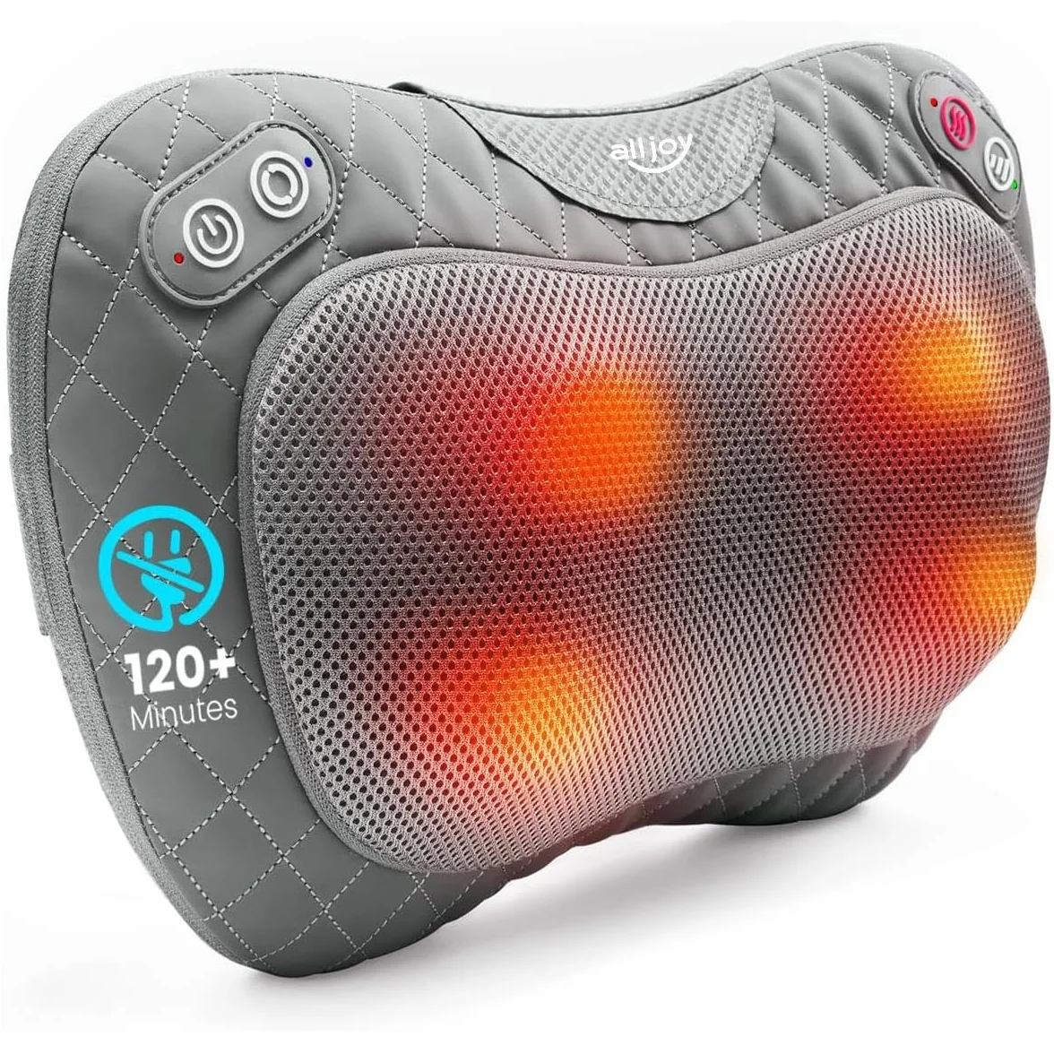 ALLJOY Cojín de Masaje Inalámbrico Shiatsu con Calor, Masajeador Cervical y Espalda, 3 Niveles 4 Nodos