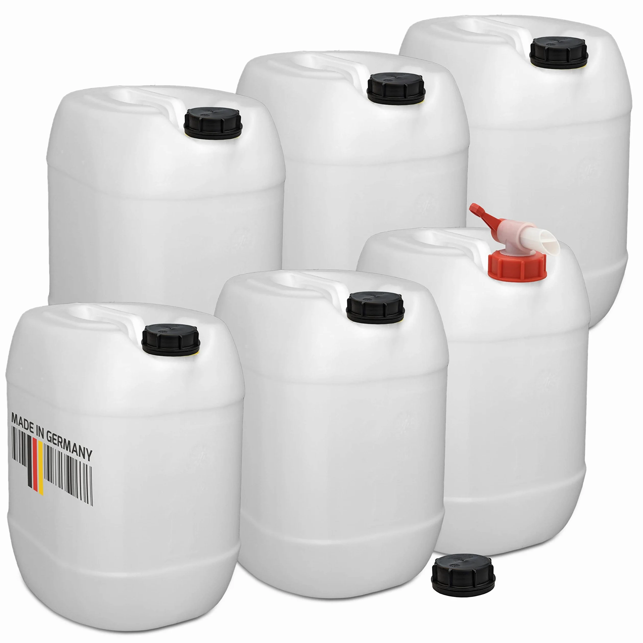 plasteo® Juego de 6 bidones de agua para bebidas, 30 litros, con tapas de rosca y 1 grifo de vertido (DIN 61), apto para alimentos, portátil y robusto, interior y exterior, sin BPA, fabricado en