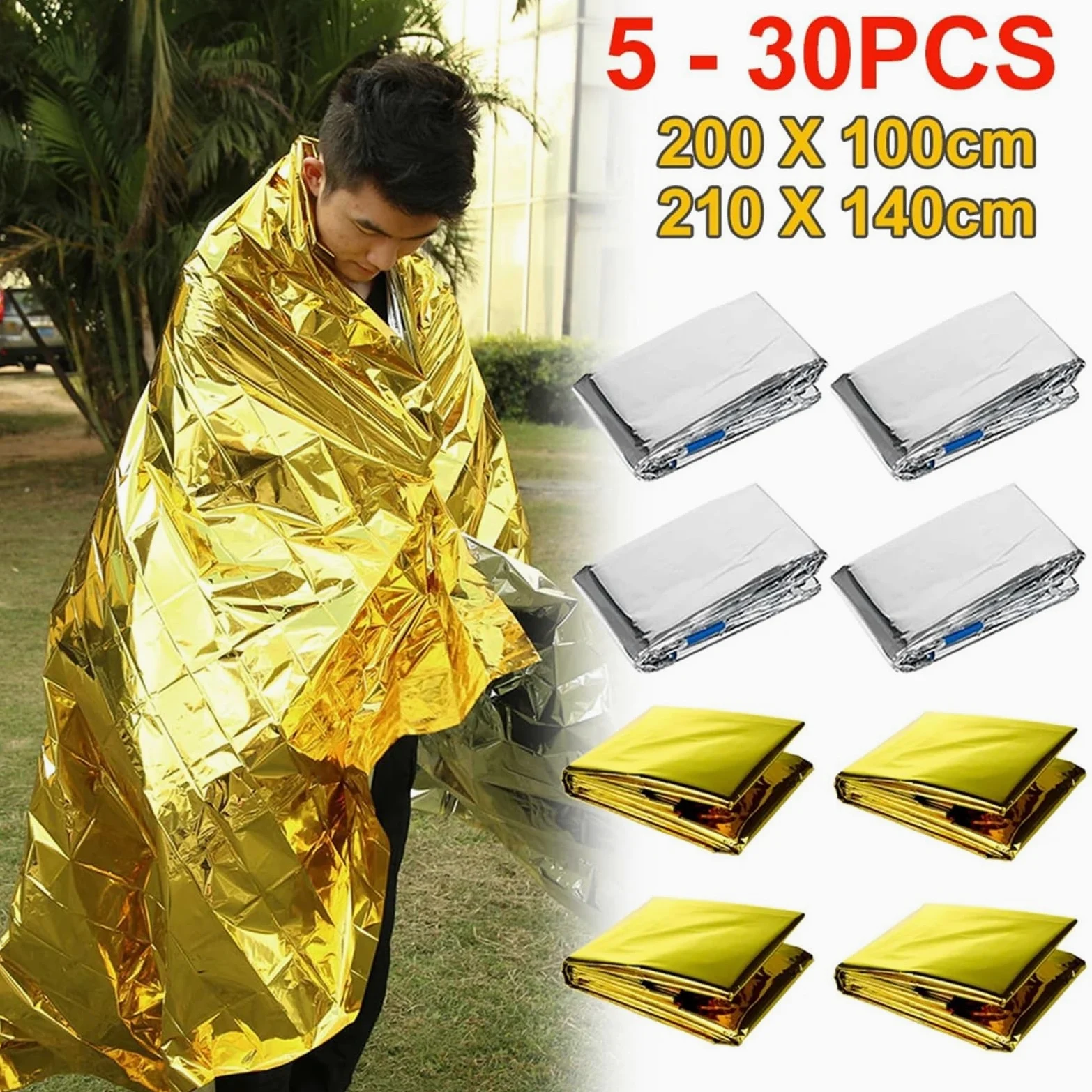 Kit de Primeros Auxilios de Rescate a Baja Temperatura for Exteriores, Manta Aislante, Saco de Dormir, Estera Salvavidas con película de poliéster for Mantener el Campamento(Blanket 30PCS)