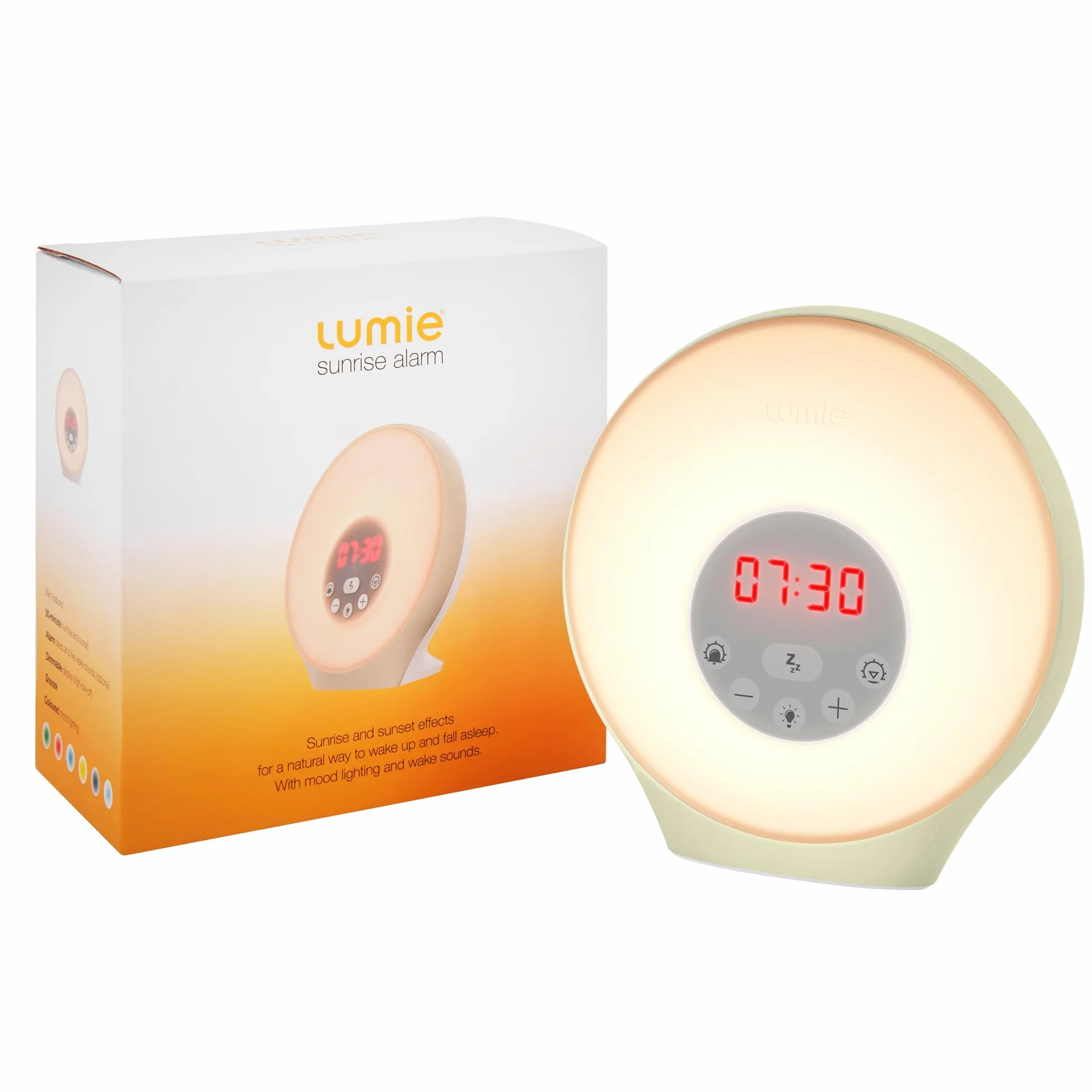 Lumie Sunrise Alarm, Despertador con Luz Amanecer y Anochecer Graduales, 5 Sonidos, 6 Colores
