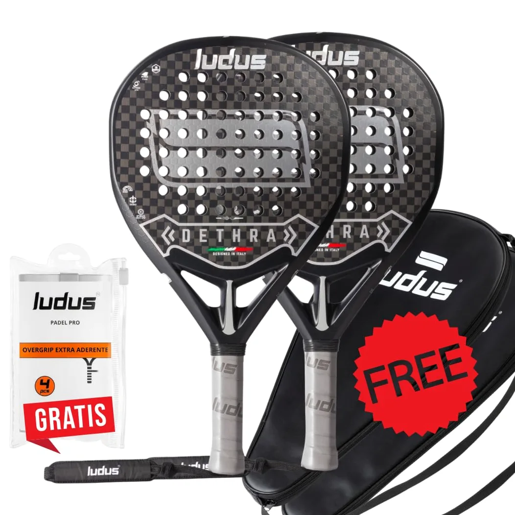 Ludus 2 Palas de Padel Fibra de Carbono 12K, Negro, 360g, con Tecnología EVA Media 15-17, Marco Reforzado, Superficie 3D, 2 Fundas Térmicas Incluidas + Overgrip Padel