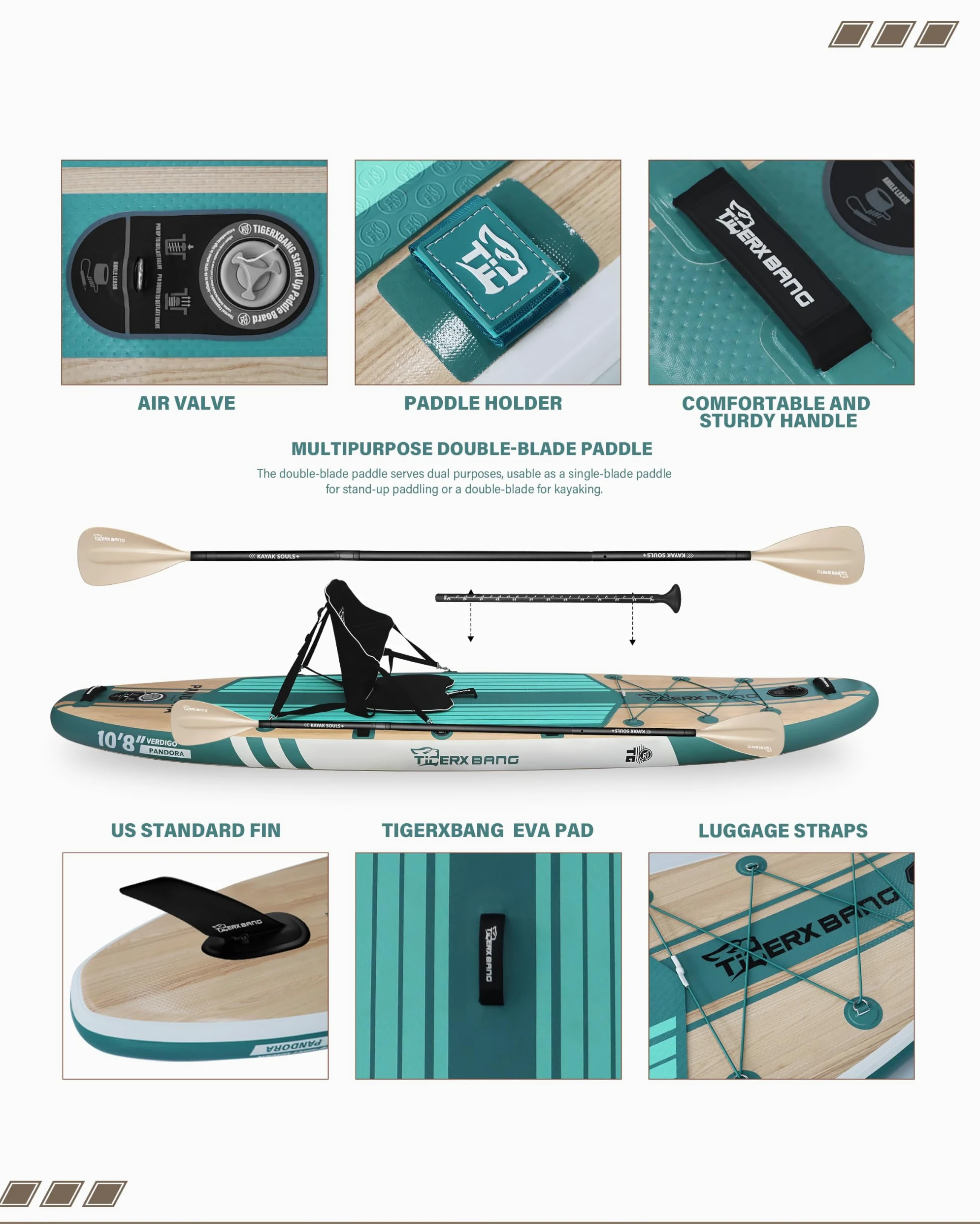 TIGERXBANG Tabla de surf hinchable de 330 x 86 x 15 cm, juego completo para adultos y jóvenes, iSUP extra ancha con juego de accesorios premium, color verde Pandora