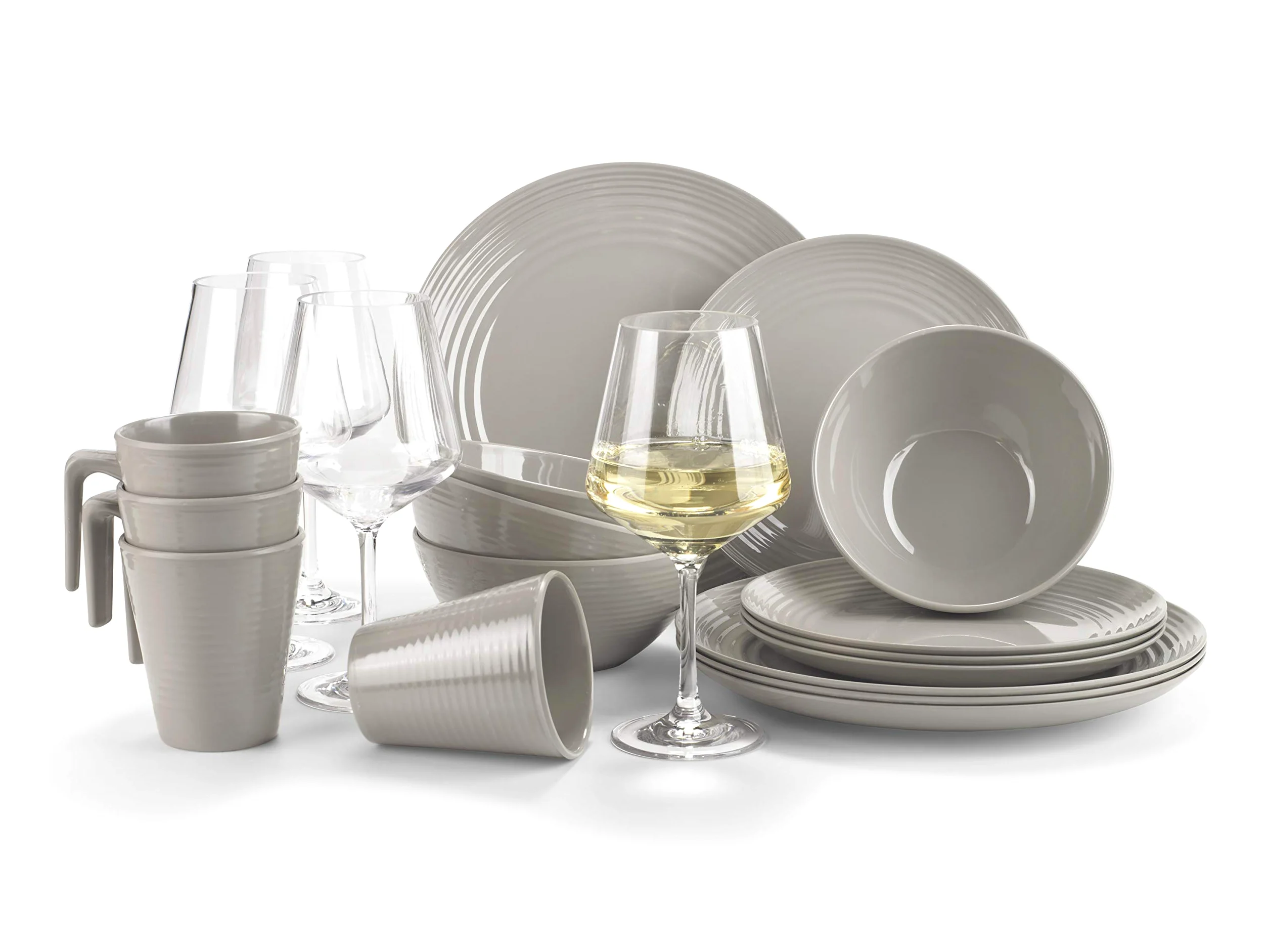 Moritz Toffee - Vajilla de melamina para camping (16 a 32 piezas, para 4 personas, diseño y juego a elegir), vajilla de picnic (4 personas con copas de vino blanco)
