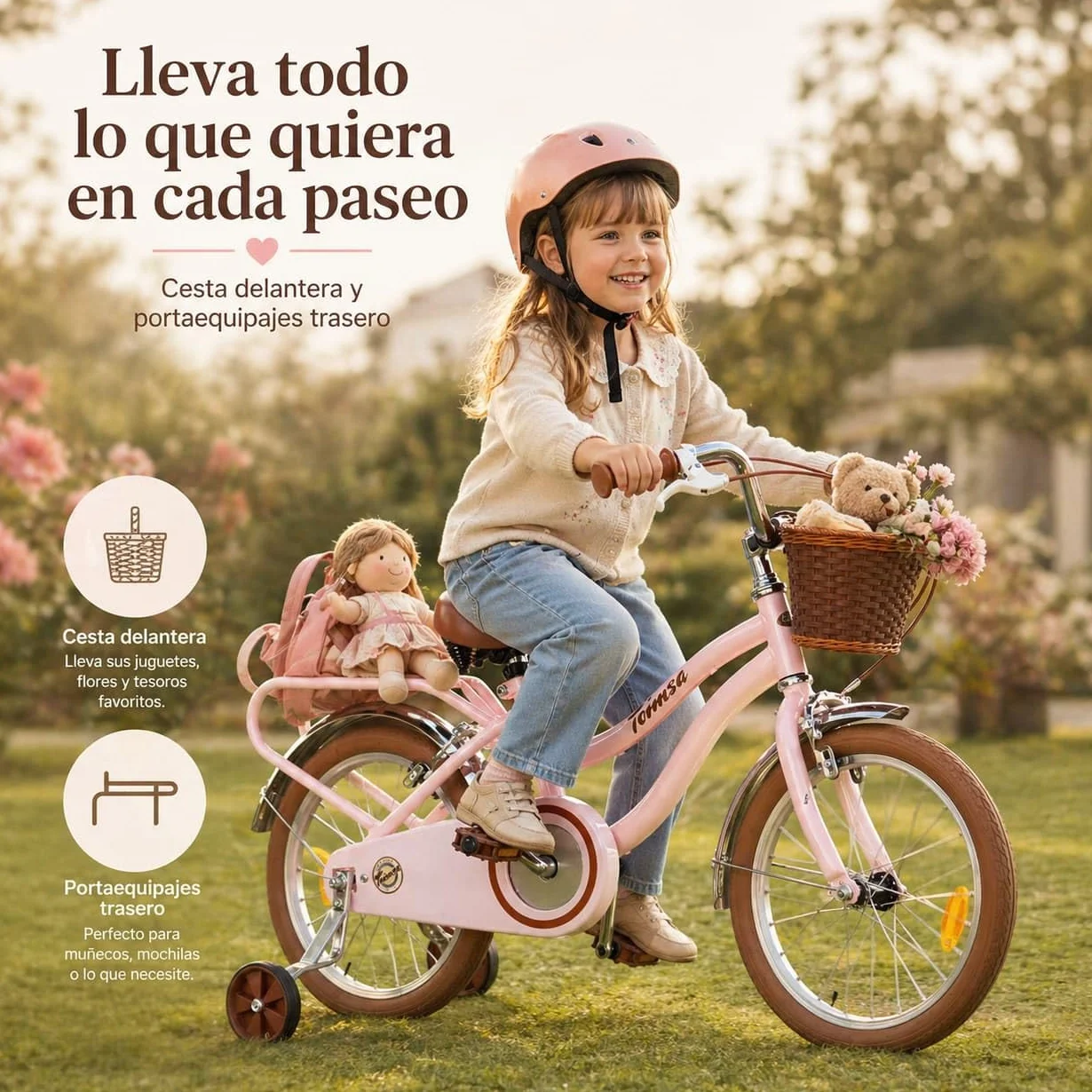 Toimsa - Bicicleta para Niños con Ruedines - Ruedas Hinchables 16 Pulgadas - Diseño Vintage Rosa - Sillin Regulable, Limitador Giro Manillar, Cesta Delantera y Portaequipajes - Bici Infantil +5 años