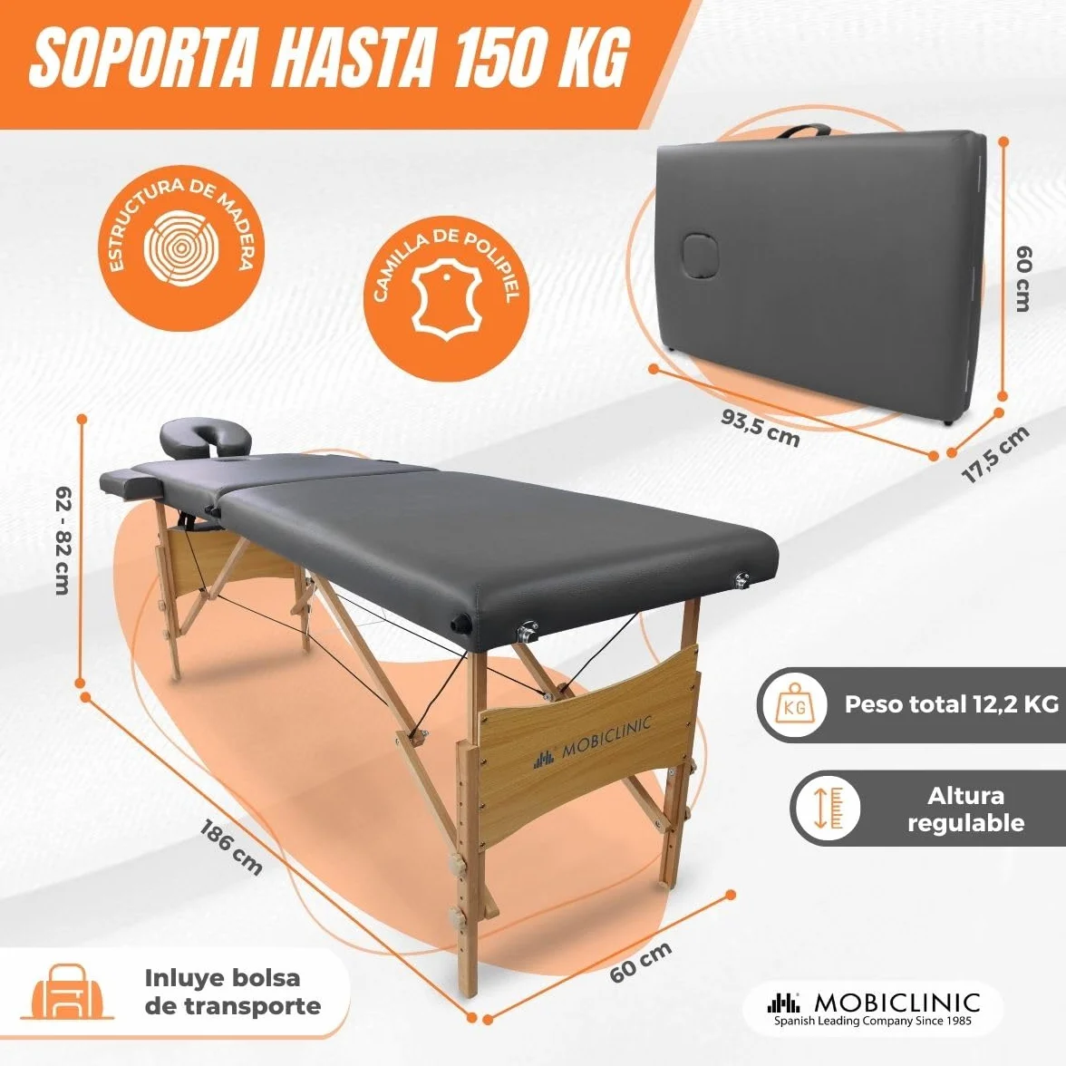 Mobiclinic Camilla Fisioterapia Plegable CM-01 Light 186x60 cm Cama de Masaje Madera 150kg Negra