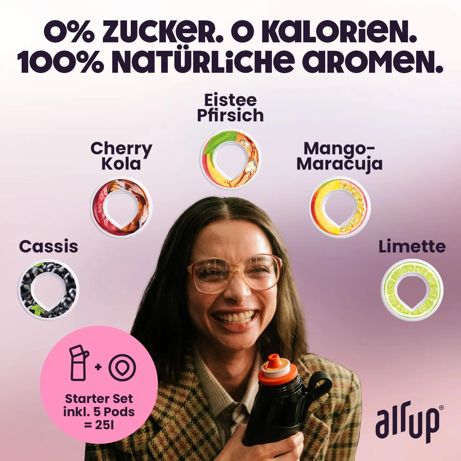 Air up Botella 600 ml con sabor lila incl. 5 cápsulas aroma sin azúcar y pajita para deporte escuela