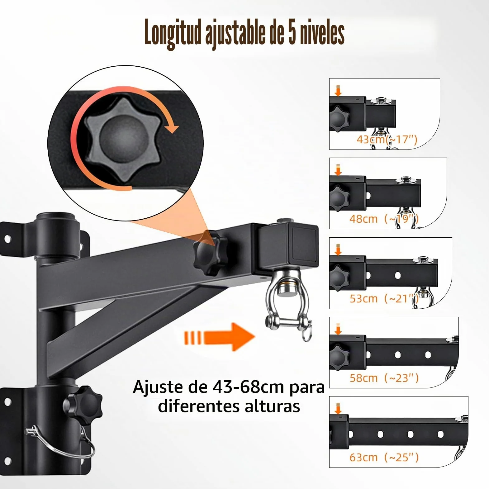 Soporte Saco Boxeo Pared, Colgador Ajustable 43-63cm, Rotación 180°, Soporta 150kg, para Muay Thai