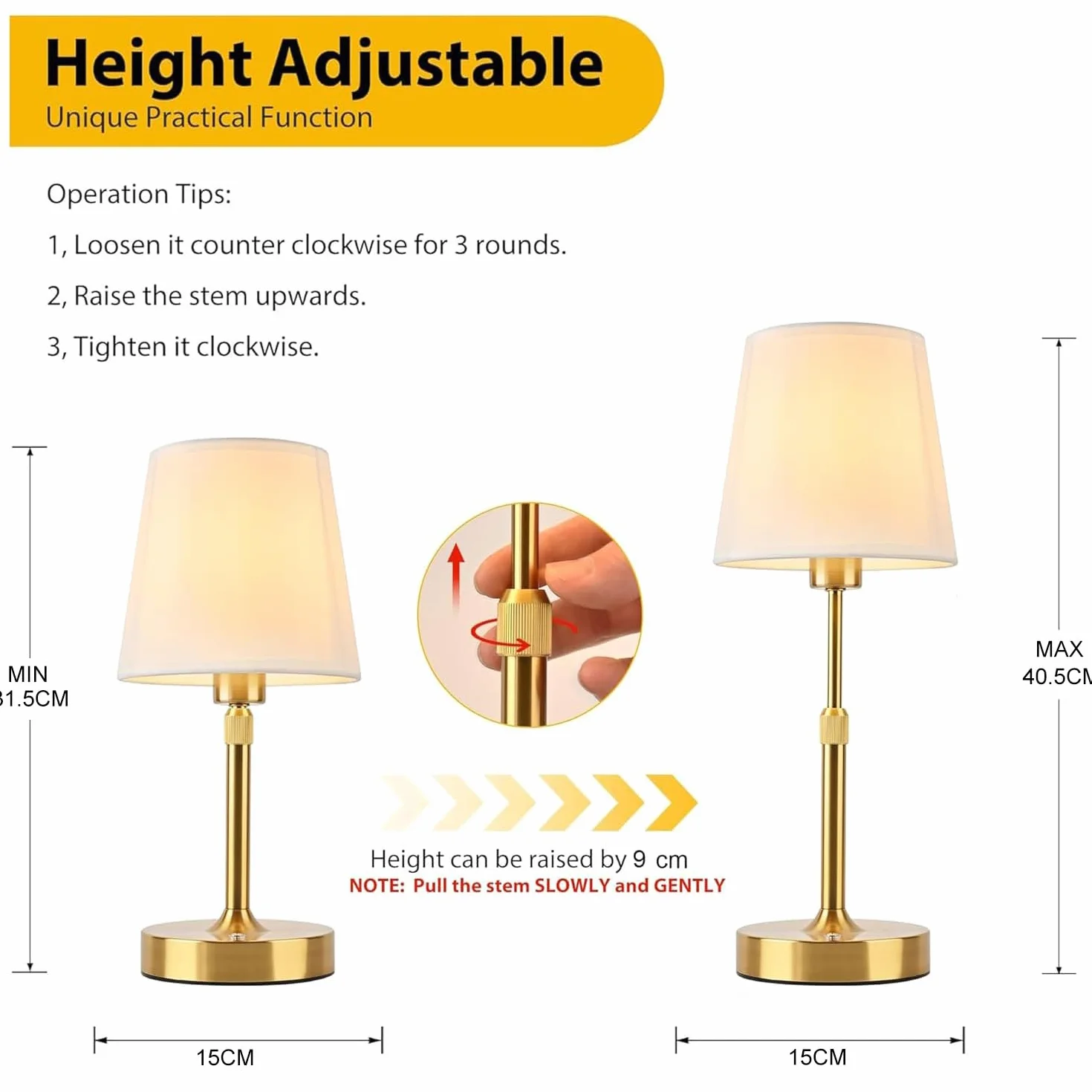 Lámpara de Mesa LED Inalámbrica Recargable con USB-C, 5200mAh, Ajustable en Altura, Toque, para Dormitorio Sala de Estar