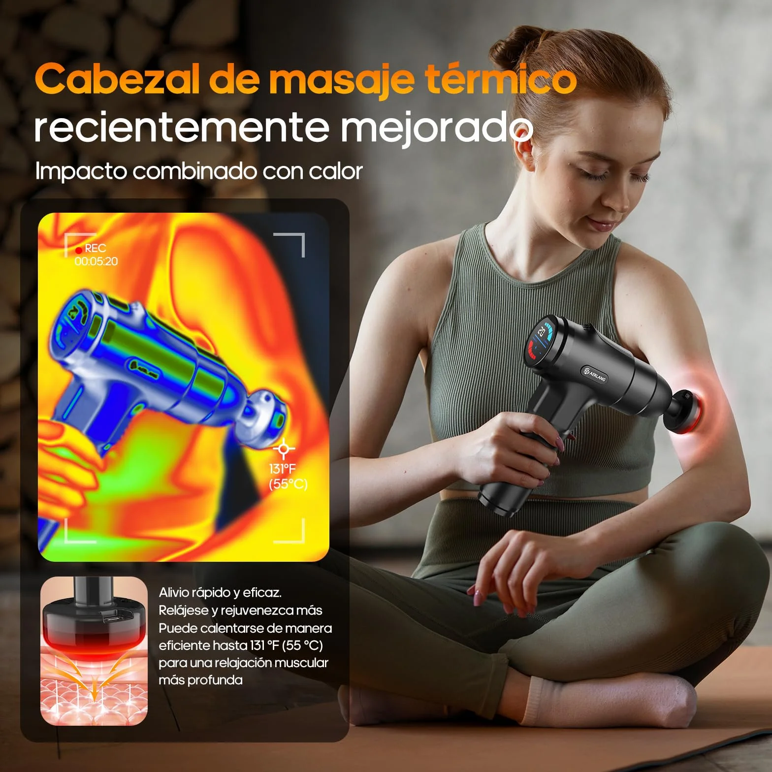 AERLANG Pistola de Masaje Muscular con Calor – Masajeador Muscular Profundo 20 Velocidades 7 Cabezales Pantalla LED