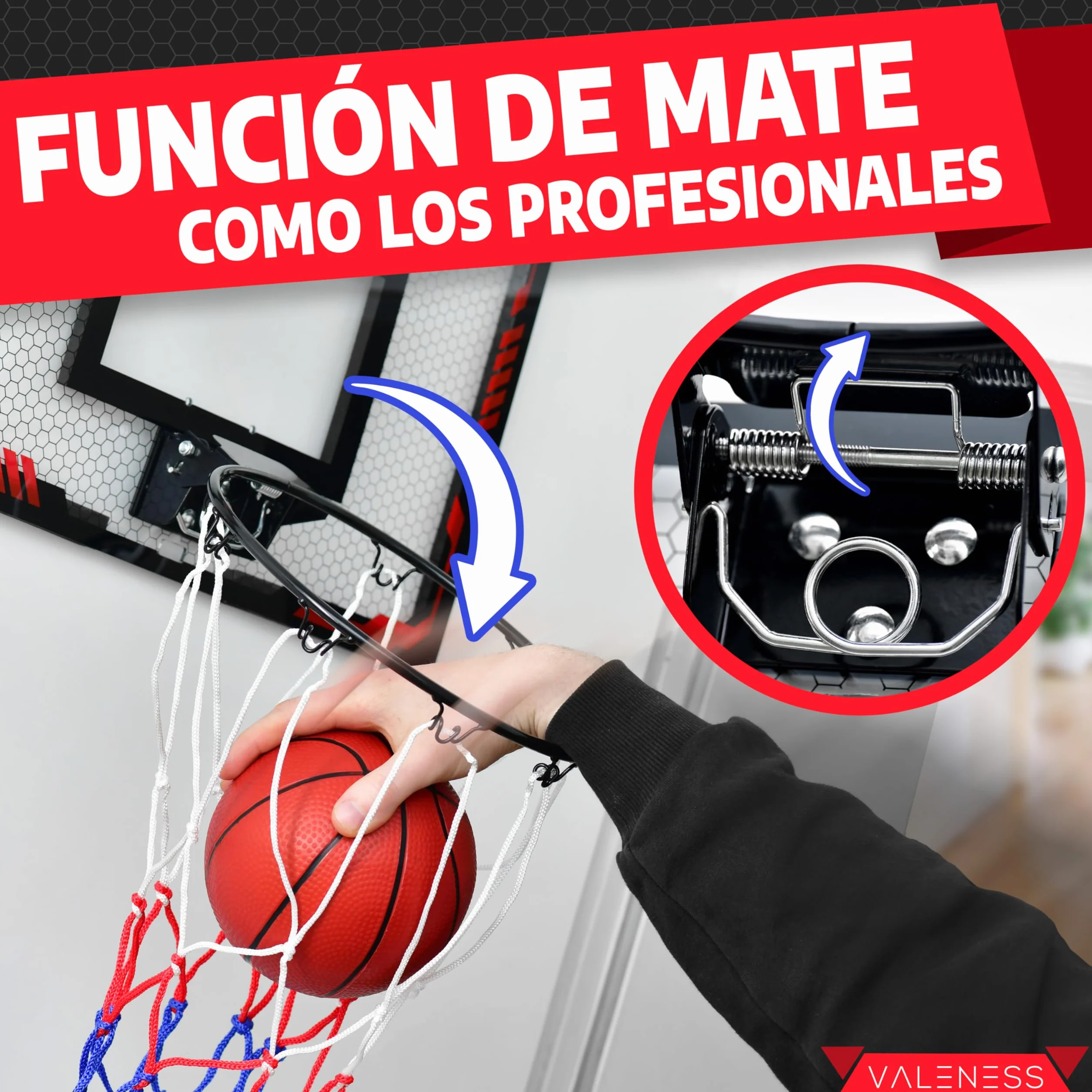 Mini Canasta de Baloncesto Interior [para Puerta & Pared] - Aro de Baloncesto Pequeño con Función de Mate, 4 Pelotas, Bomba & Accesorios de Montaje - para Niños y Adultos