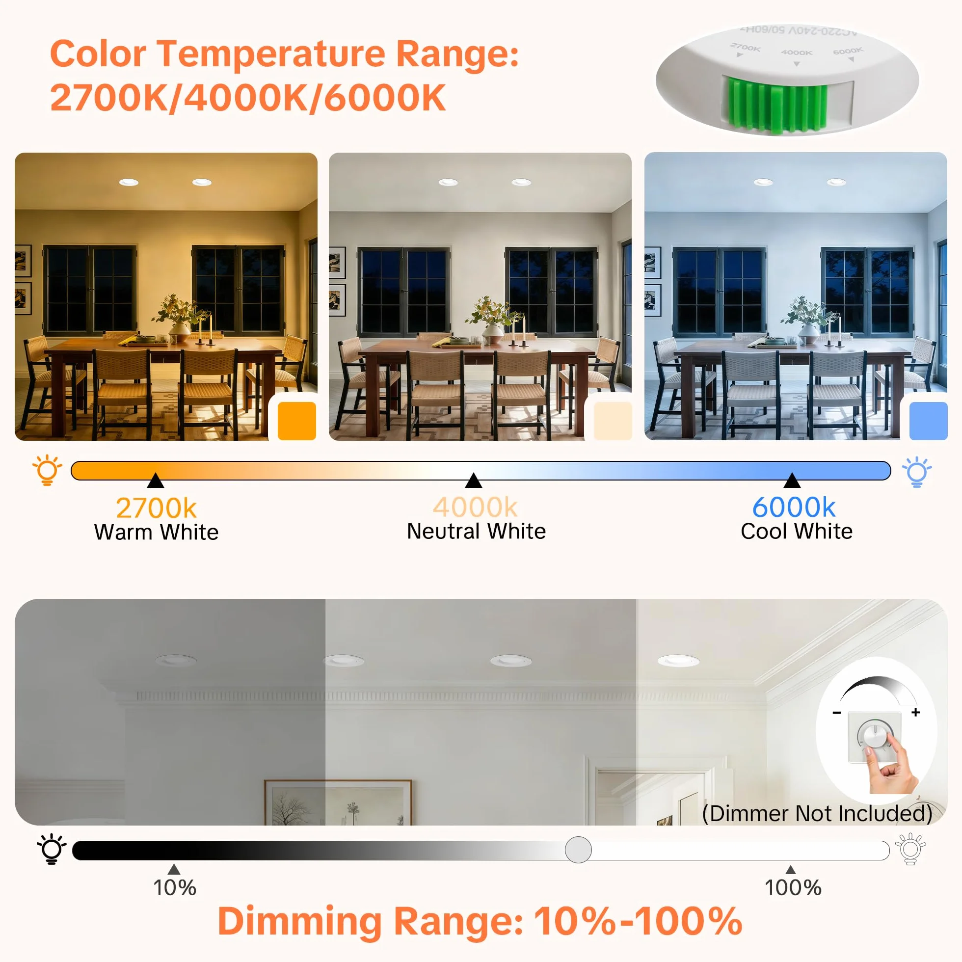 Downlight LED Techo Regulable 230V 5W 500LM IP44 Blanco Cálido Neutro Frío Corte 68-80mm 3 Pack