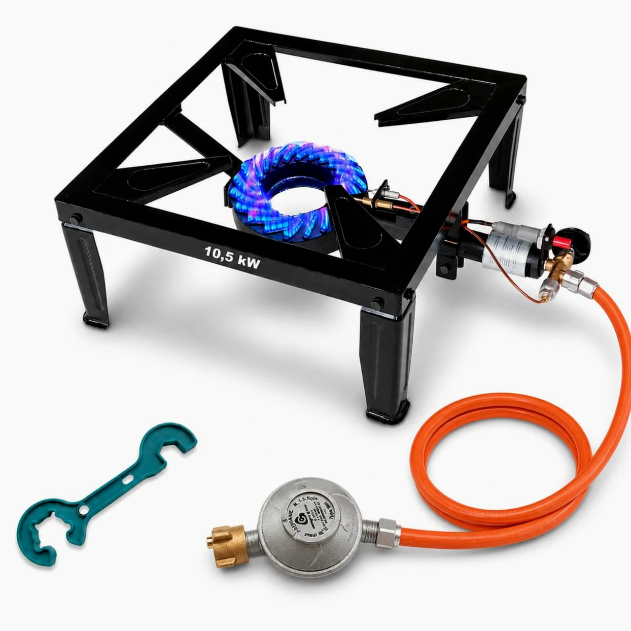 Bluecraft - Hornillo de gas de 10,5 kW para bombona de gas con seguro de encendido y encendido piezoeléctrico, incluye manguera de gas de 150 cm y regulador de gas de 50 mbar, cocina profesional para