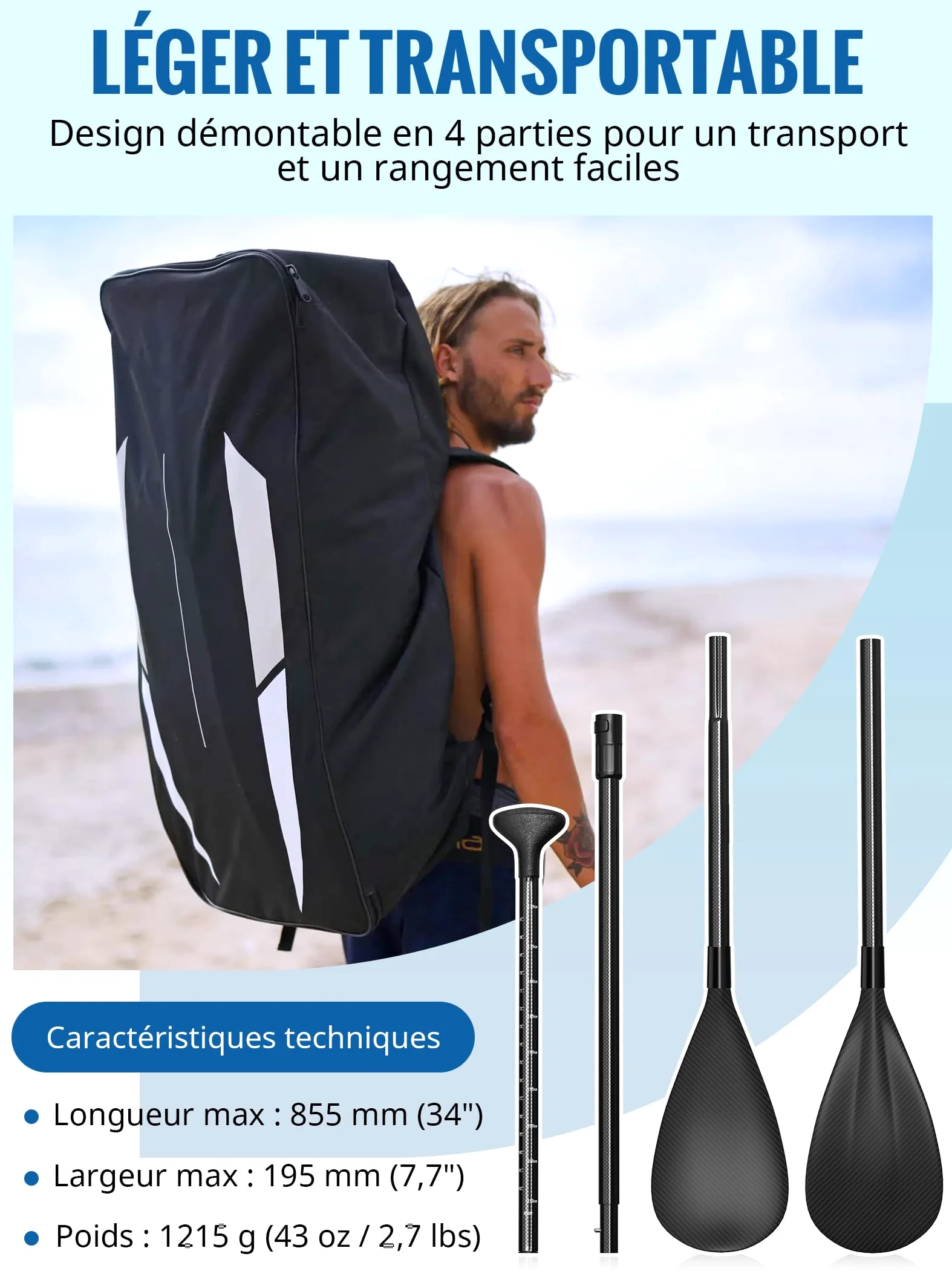 Remo 2 en 1 adecuado para tablas de remo de pie y kayaks – Longitud ajustable de 175 a 210 centímetros – Ligero y resistente – Construcción de fibra de carbono y nailon
