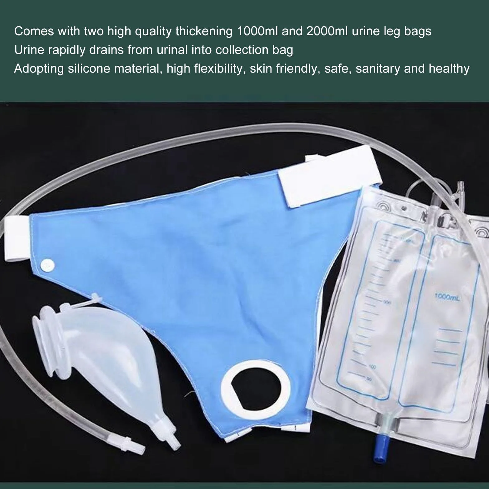Bolsa de orina portátil 1000 ml 2000 ml para incontinencia cintura colector con catéter hombres mayores