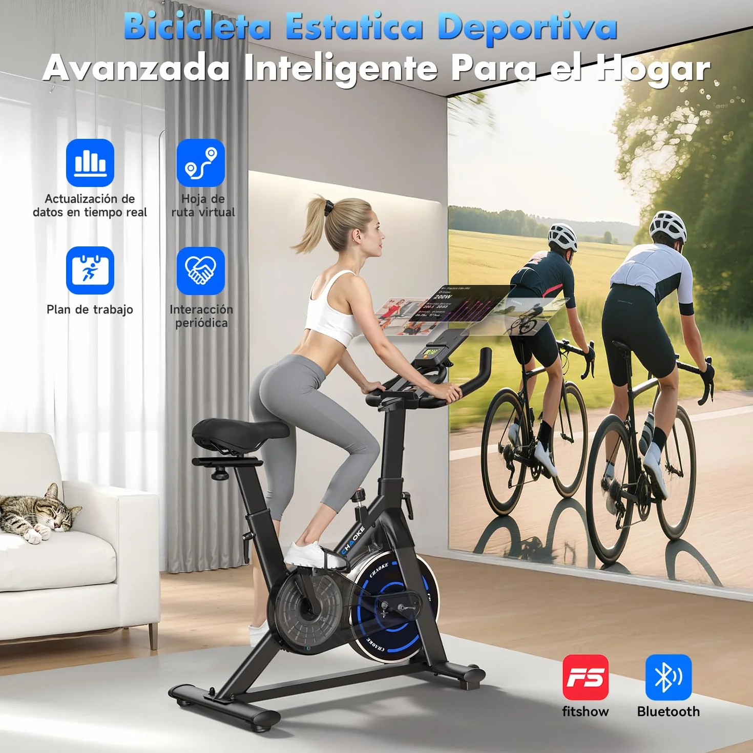 CHAOKE Bicicleta Estatica con APP, Bicicleta Spinning Magnética de Resistencia Súper Silencioso 10DB, Asiento Transpirable Suave y LED Pantallas, Max 150KG