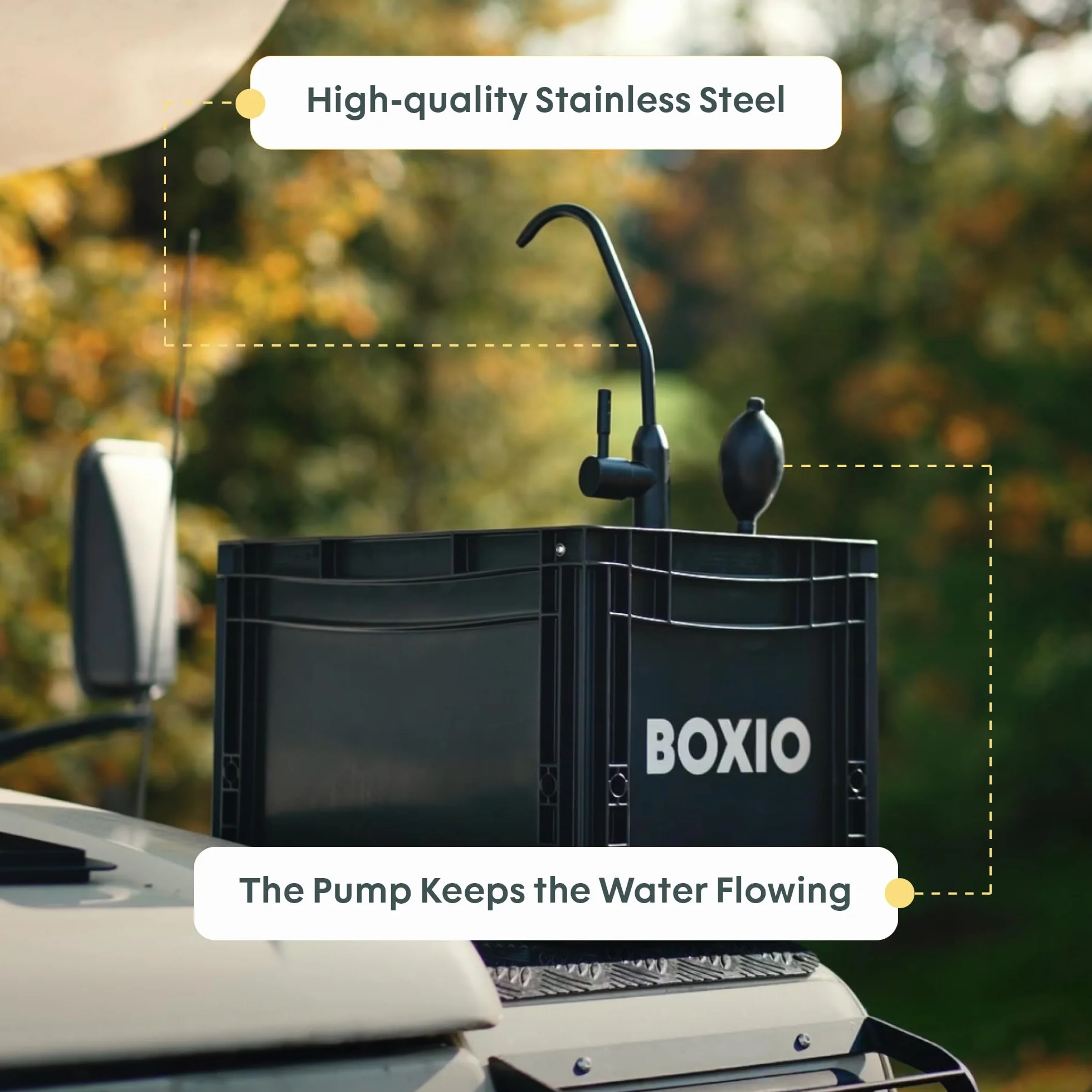 BOXIO Lavabo Portátil Camping con Bomba de Agua Manual, Fregadero para Furgoneta, Grifo Portatil Camping, Fregadero de Jardín, Lavamanos Portatil, Lavabo Caravana de Plástico Negro, 400 x 300 mm