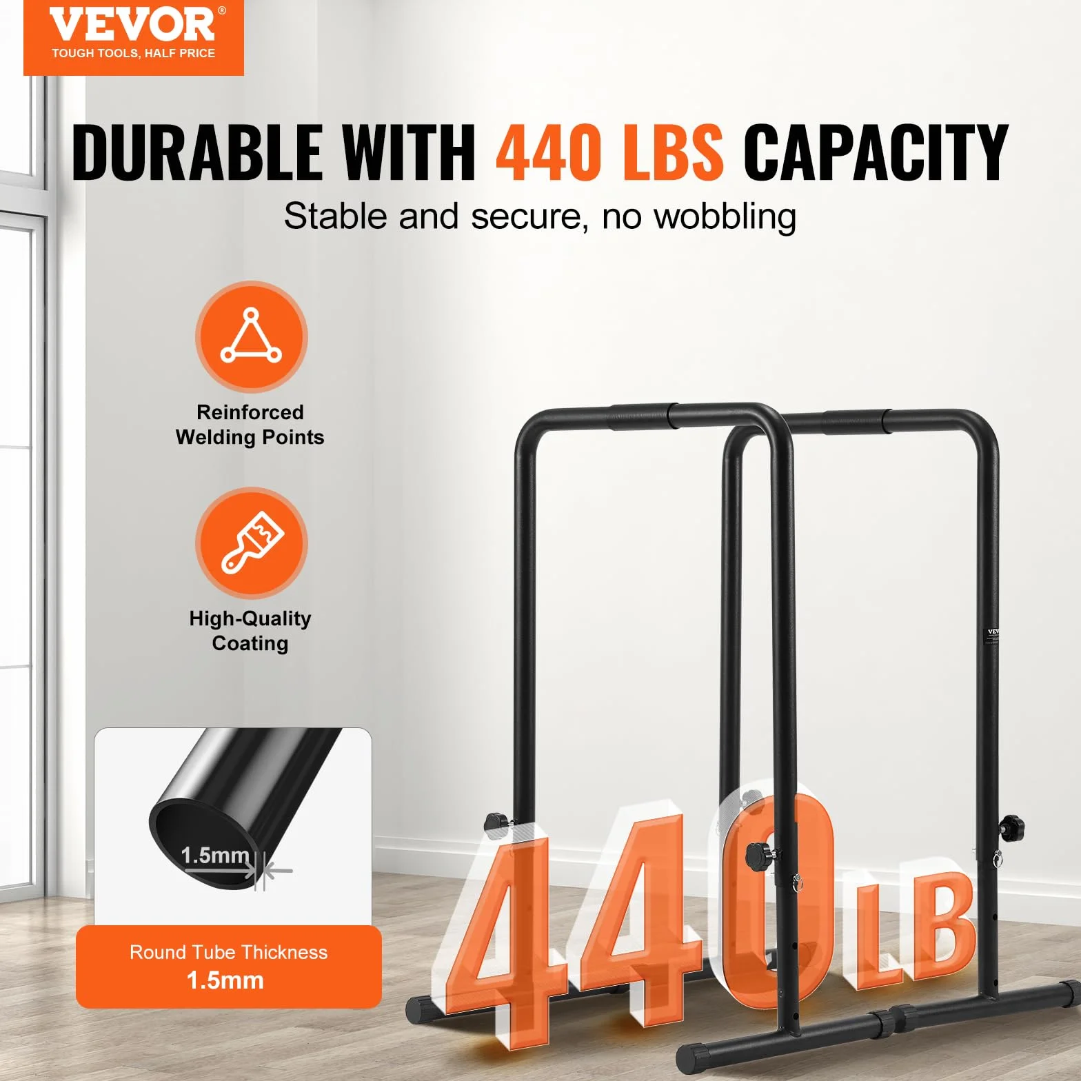 VEVOR Barra de Inmersión Carga 200kg Barras Paralelas Altura Ajustable 1022mm Acero