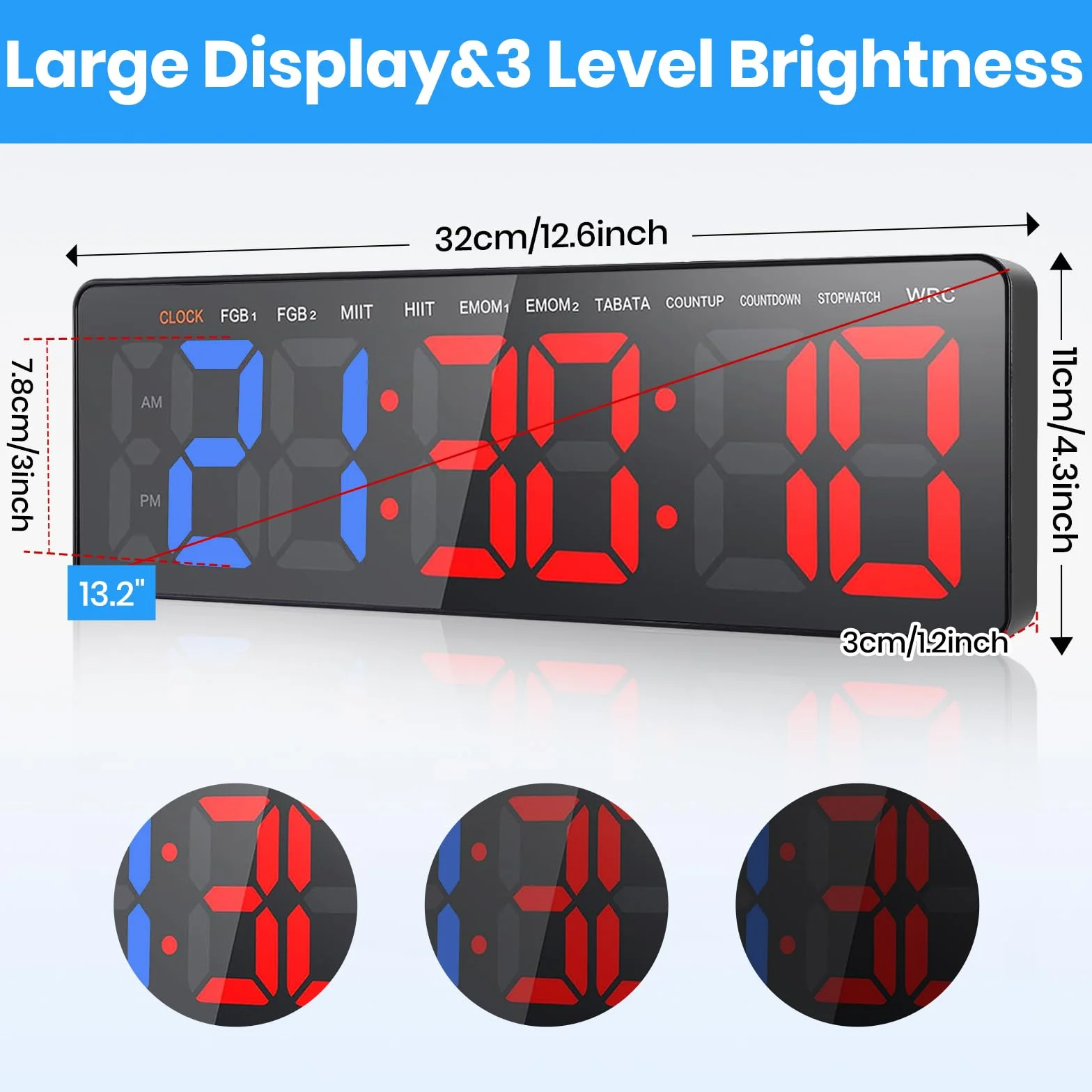 Temporizador Multifunción para Gimnasio- 13" Gran Reloj Pared Digital LED con Cronómetro Countdown/Up, Brillo/Volumen Ajustable,Control Remoto,Modos HIIT/Tabata/FGB/EMOM/MMA para Casa Garaje