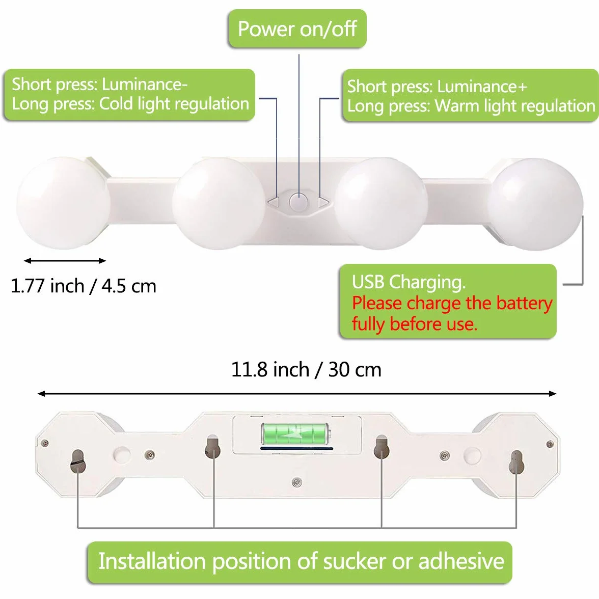 Luces para Espejo de Maquillaje LED Tocador Recargable, 4 Bombillas Regulables Temperatura de Color