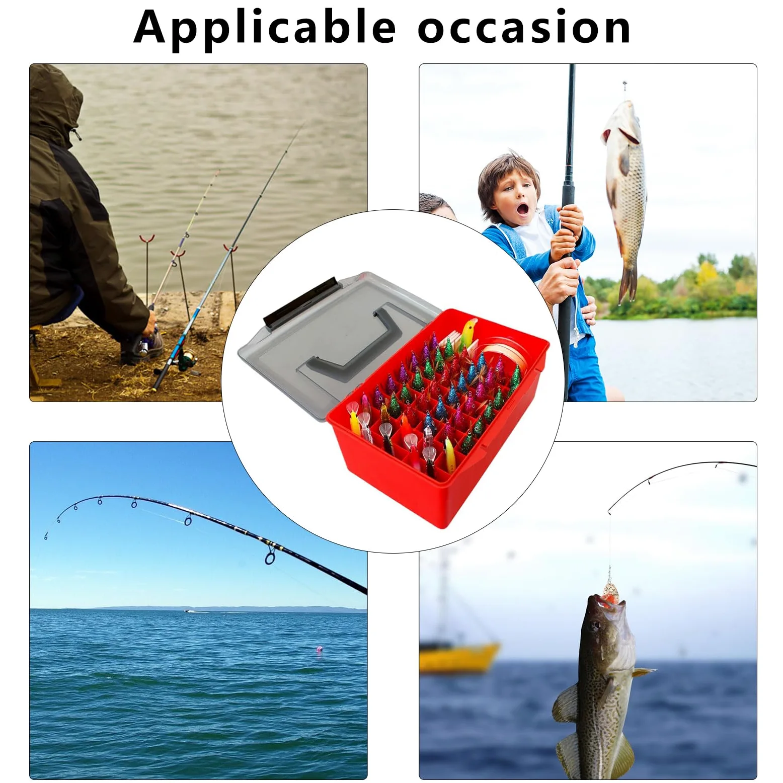 Caja de pesca al aire libre con 52 rejillas de plástico, caja de aparejos de pesca, calamar, señuelos duros, caja de herramientas, caja de almacenamiento de cebos artificiales