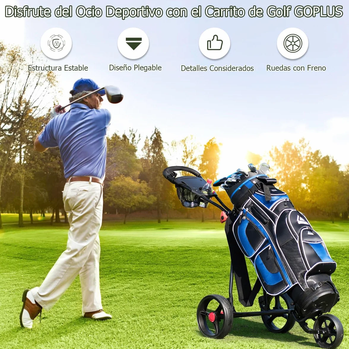 GOPLUS Carrito de Golf Plegable 3 Ruedas Goma Mango Ajustable Hierro Negro