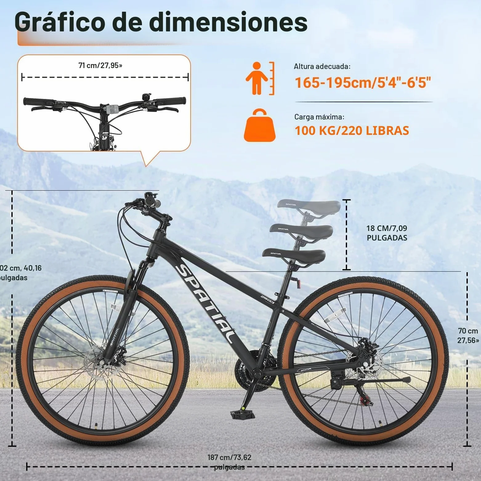 SPATIAL MTB Bicicleta de Montaña para Adultos y Jóvenes - 29/27,5/26/24 Pulgadas, 8/21 Velocidades, Frenos de Disco Mecánicos Dobles, Cuadro de Aluminio, Suspensión Delantera, Asiento Ajustable