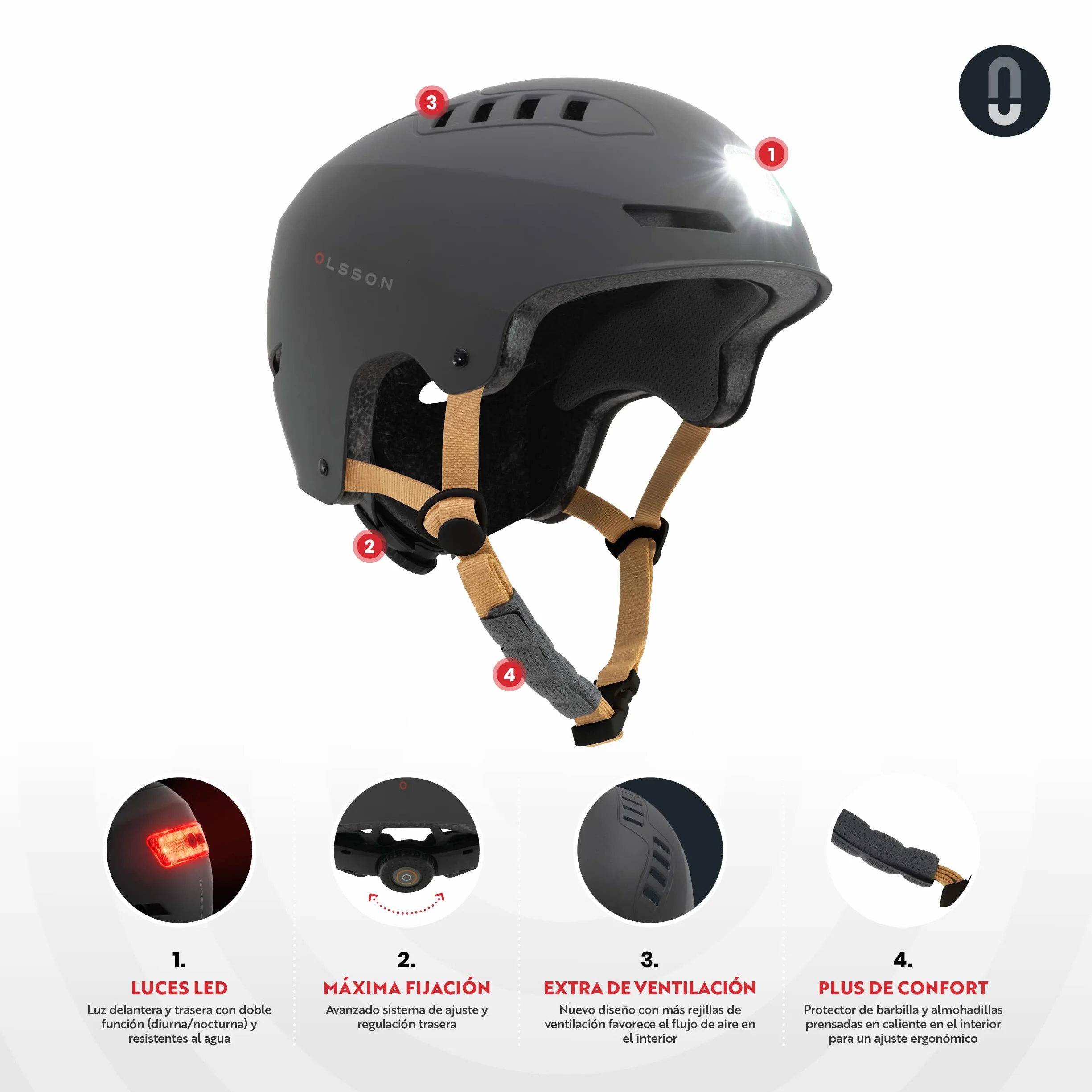 Casco Urban Light OLSSON Ajustable Homologado Resistente Impactos 360º LED Frontal Trasero Forro Desmontable