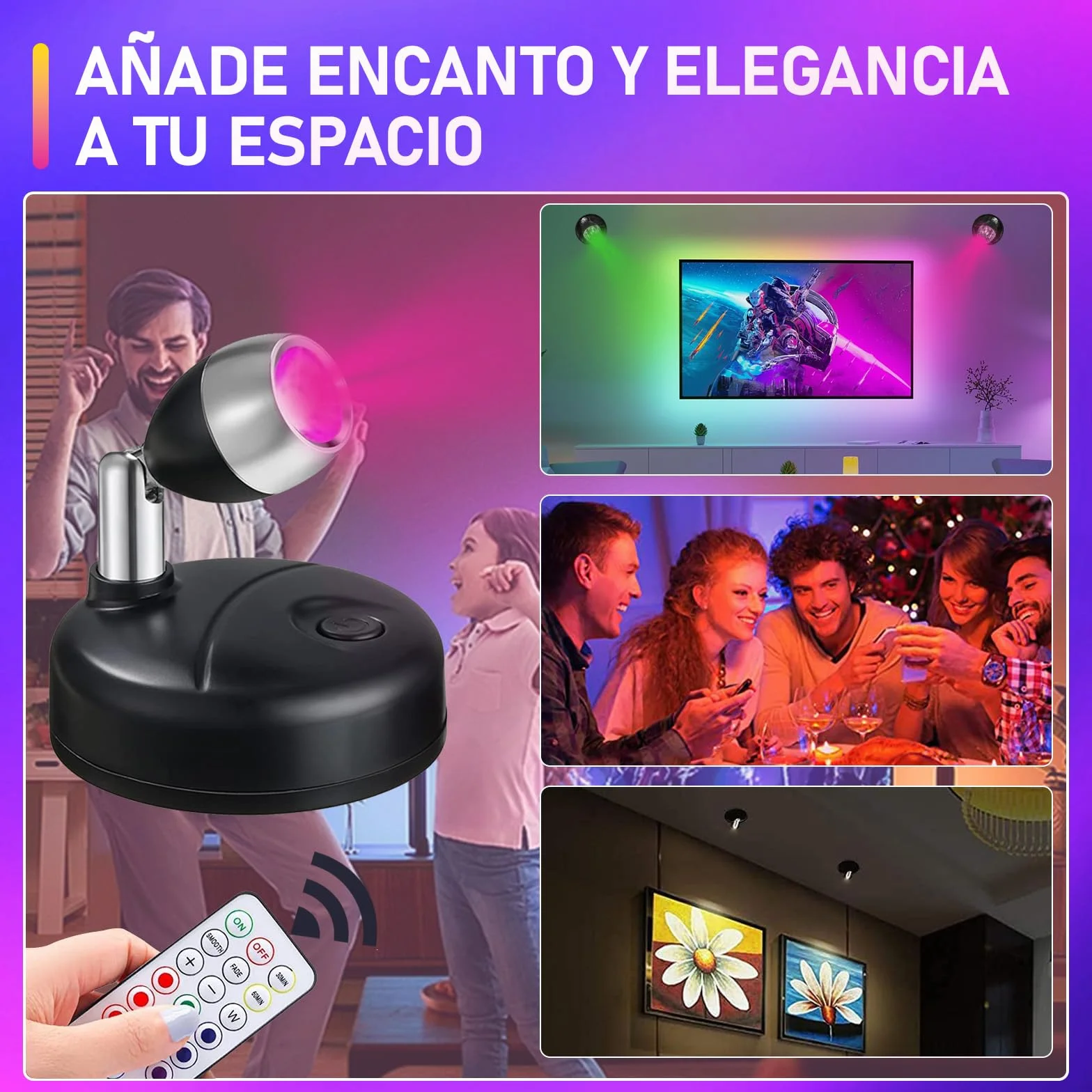 Klarlight RGB LED Mini Spotlight 13 Colores Inalámbrico a Pilas con Mando a Distancia 2-Pack Negro