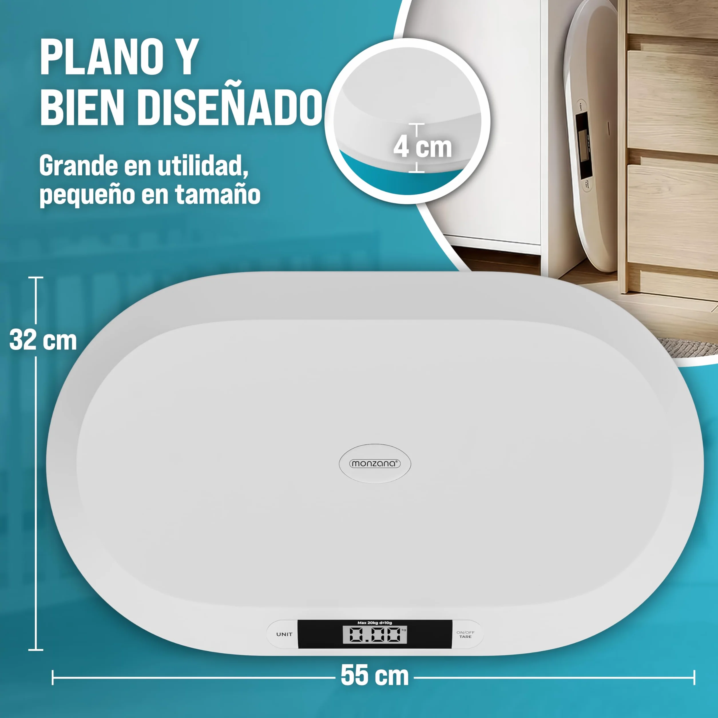 MONZANA Báscula Bebé Digital 20Kg Pantalla LED Apagado Automático Tara Retención Recién Nacidos Mascotas