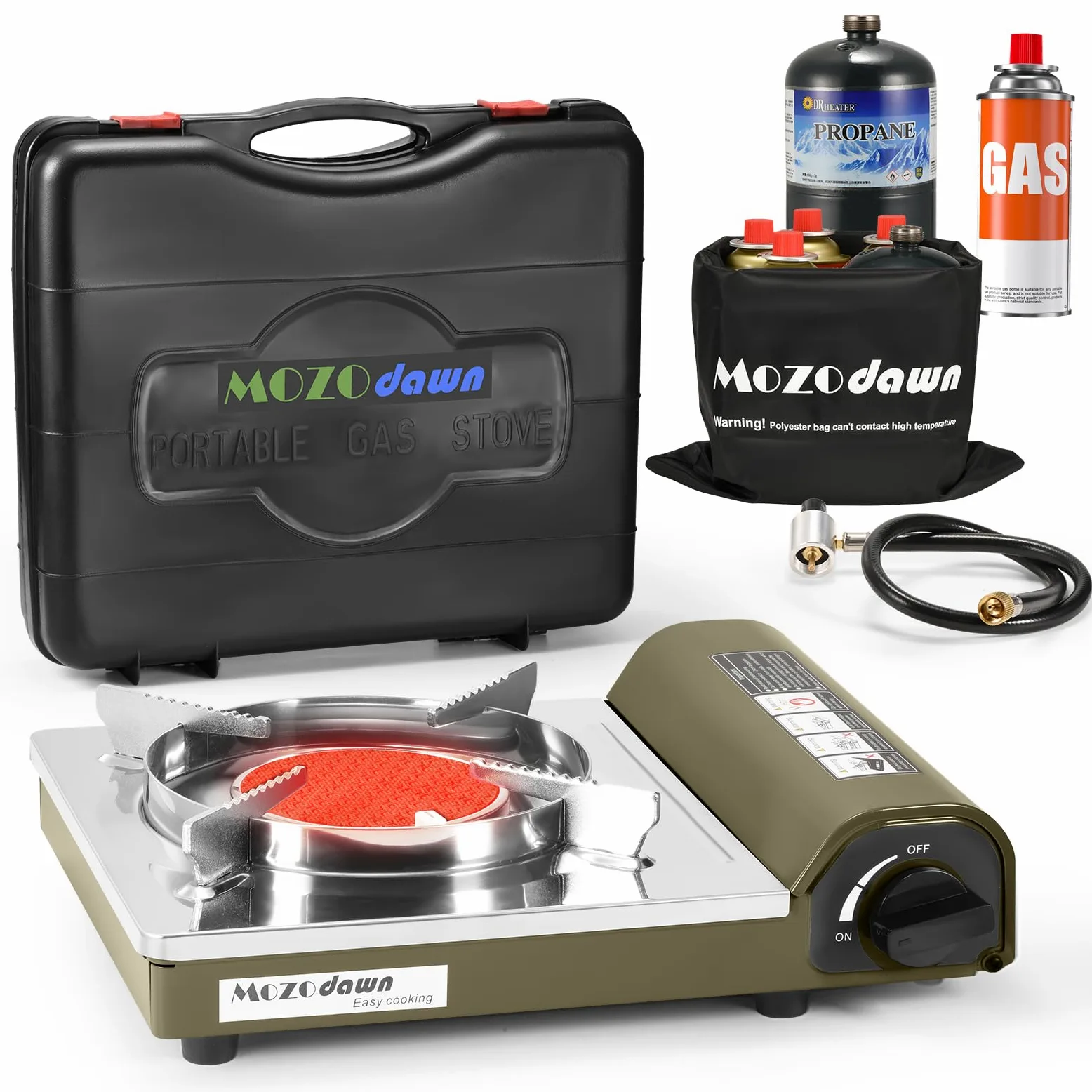 Estufa de campamento de combustible doble, estufa de gas portátil de butano y propano infrarrojo de 8000 BTU, resistente al viento con funda de transporte, bolsa de almacenamiento, adaptador