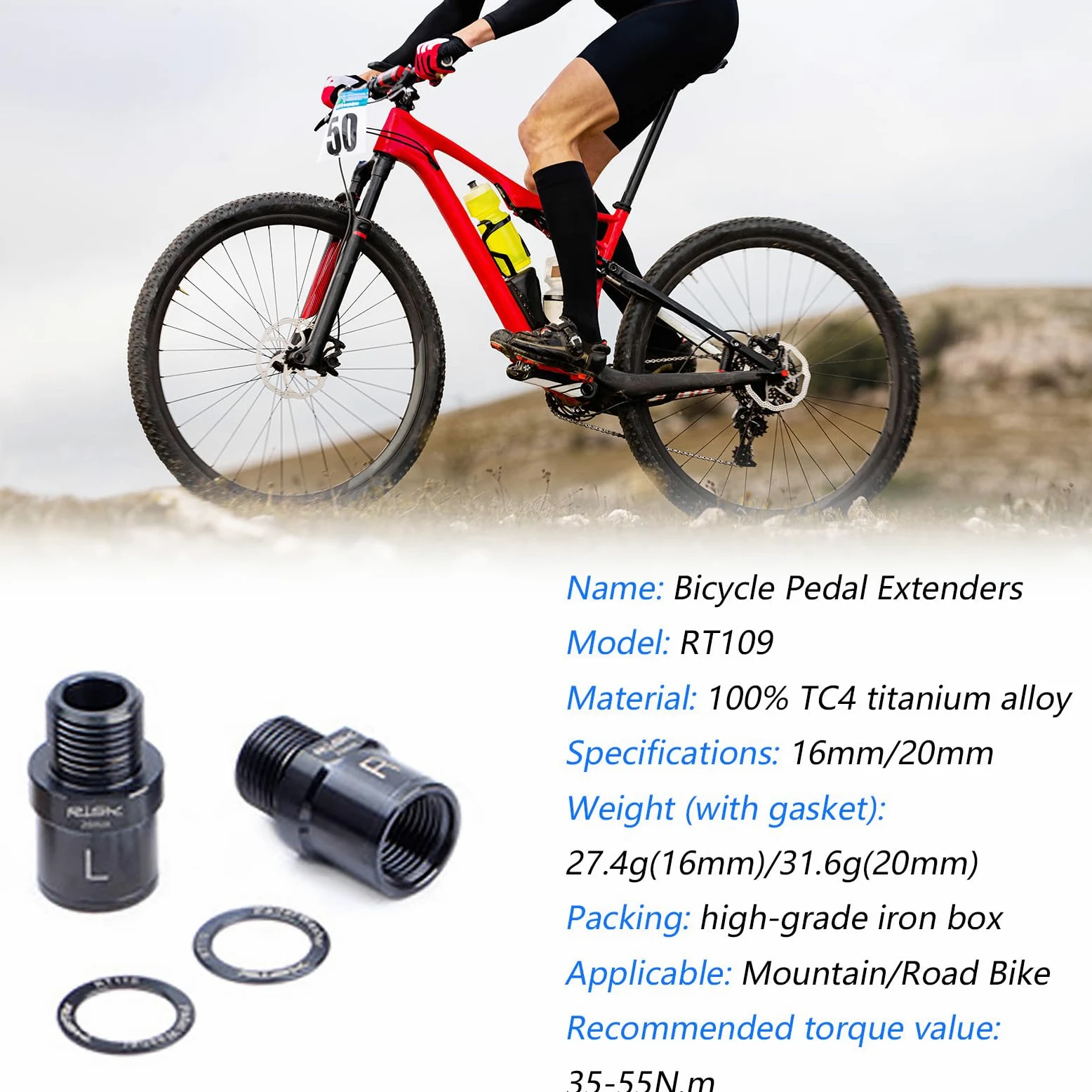 Extensores de pedal de bicicleta, aleación de titanio de 16/20 mm, pedal extendido con arandela para todos los pedales roscados de 9/16 pulgadas SPD MT MTB BMX Road Mountain Bike